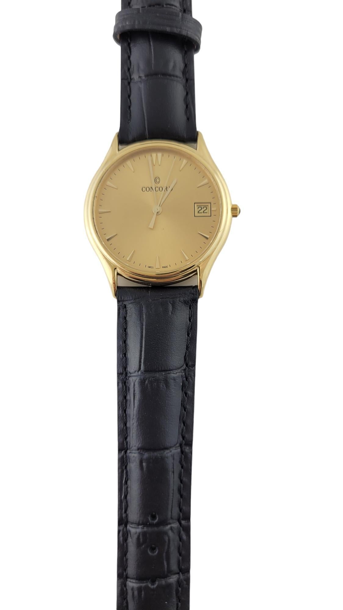 Concord 18K Yellow Gold Classic Men's Watch

Model: 58.78.214
Serial: 1288660

18K yellow gold case - 34mm in diameter, 5mm thick

Gold dial with gold markers and date

New leather band (not concord) - buckle gold plated

10