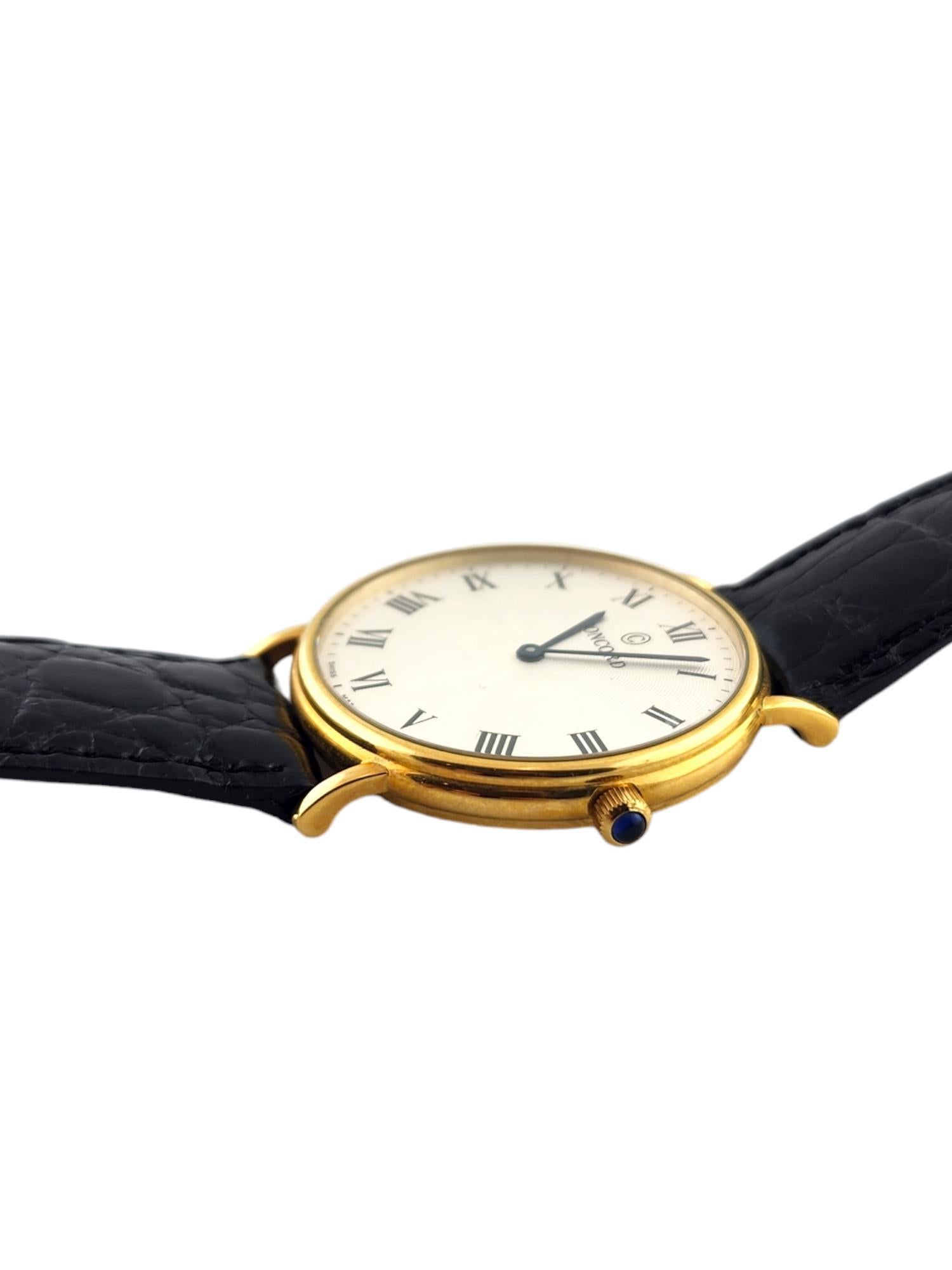 Concord 18K Yellow Gold Men's Watch

Model: 50.G1.1890
Serial: 1293090

This classic men's watch is circa 1980's and set in 18K yellow gold with a crocodile leather strap and gold plated stainless steel buckle.

Case is 34mm in diameter

Quartz