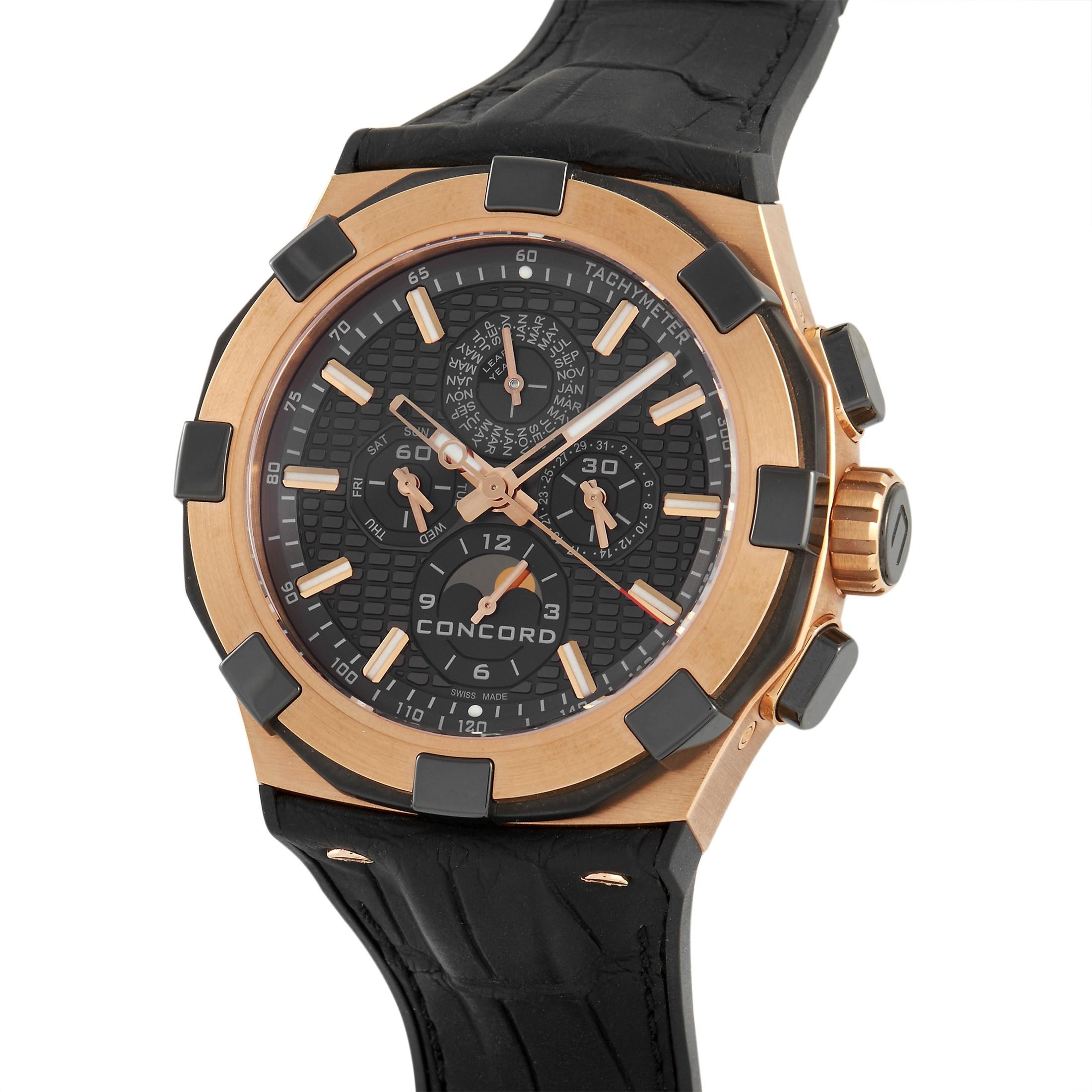 Sólo se han fabricado 25 unidades del Concord C1 Calendario Perpetuo Cronógrafo 01.6.52.1086. Aquí tienes la oportunidad de poseer uno. Este reloj tiene una caja de 47 mm de oro rosa de 18 quilates y titanio recubierto de PVD. La esfera gris oscuro