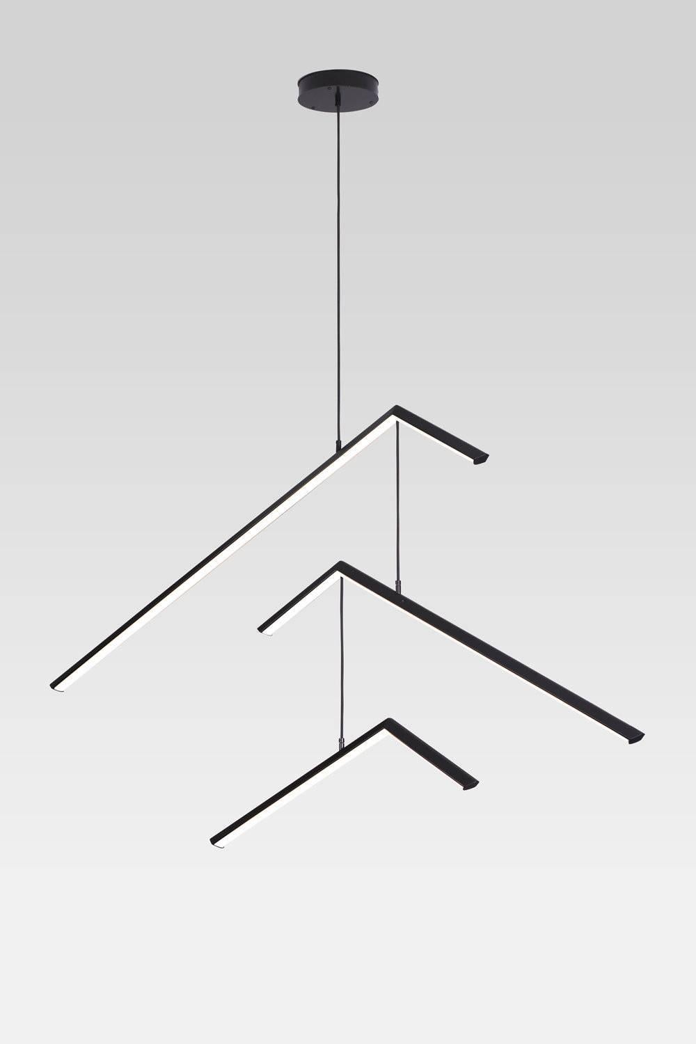 CONCORD is a sculptural mobile chandelier. Three angular bars of continuous light suspend from each other, creating an elegant composition. CONCORD adds a dynamic sense of balance and tension in open architectural spaces.

Metal Finish 
Powder-coat