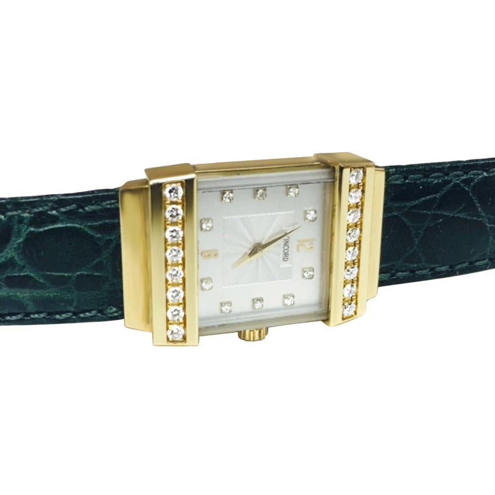 Concord Crystale ladies watch. 18k yellow gold with VVS clarity diamonds. All diamonds are factory fitted diamonds by Concord, with aftermarket leather band. All diamonds are 100% natural and genuine. Womens 18k yellow gold and diamond watch. 
No