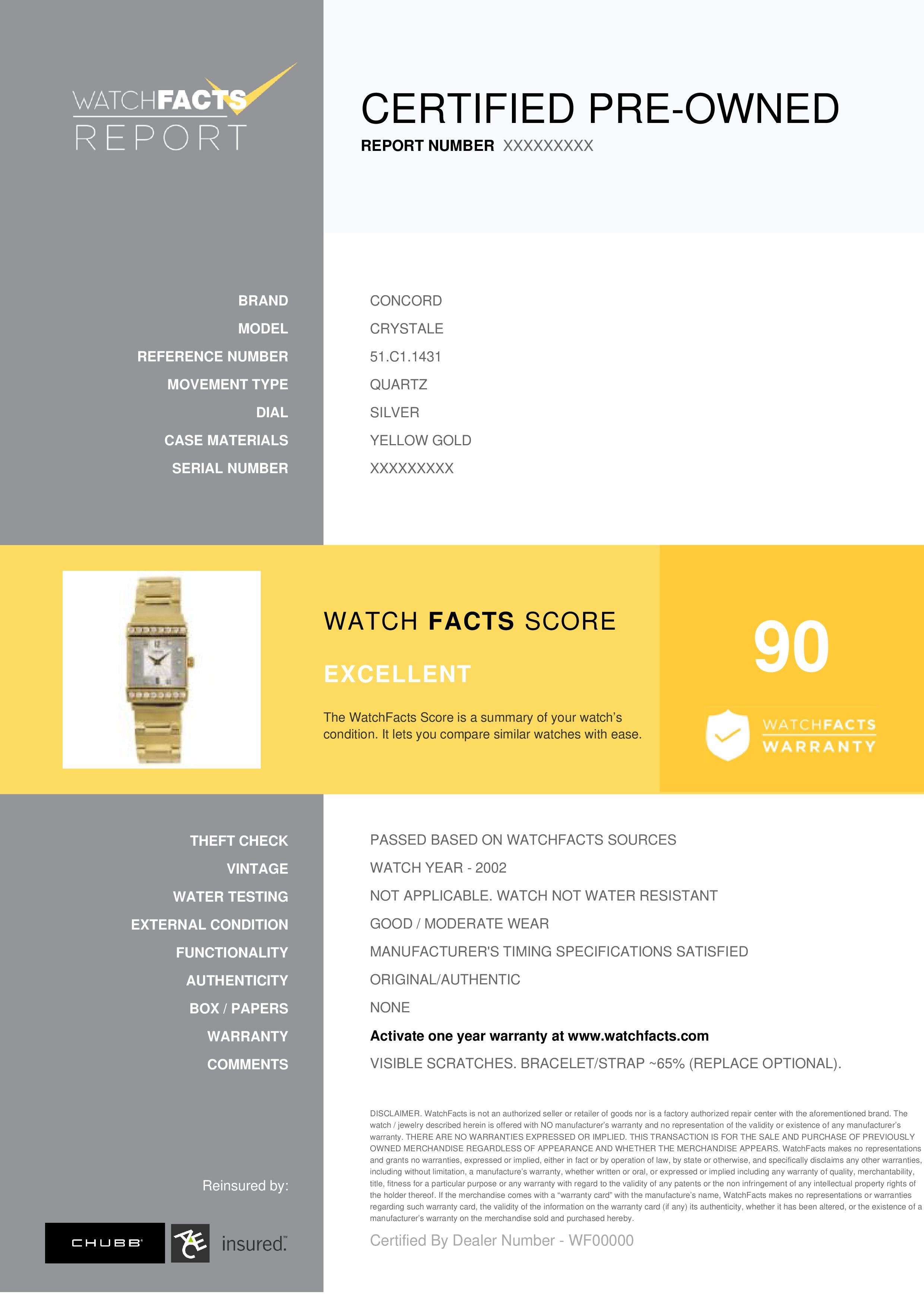 Concord Crystale Reference #: 51.C1.1431. Womens Quartz Watch Yellow Gold Silver 21 MM. Verified and Certified by WatchFacts. 1 year warranty offered by WatchFacts.
