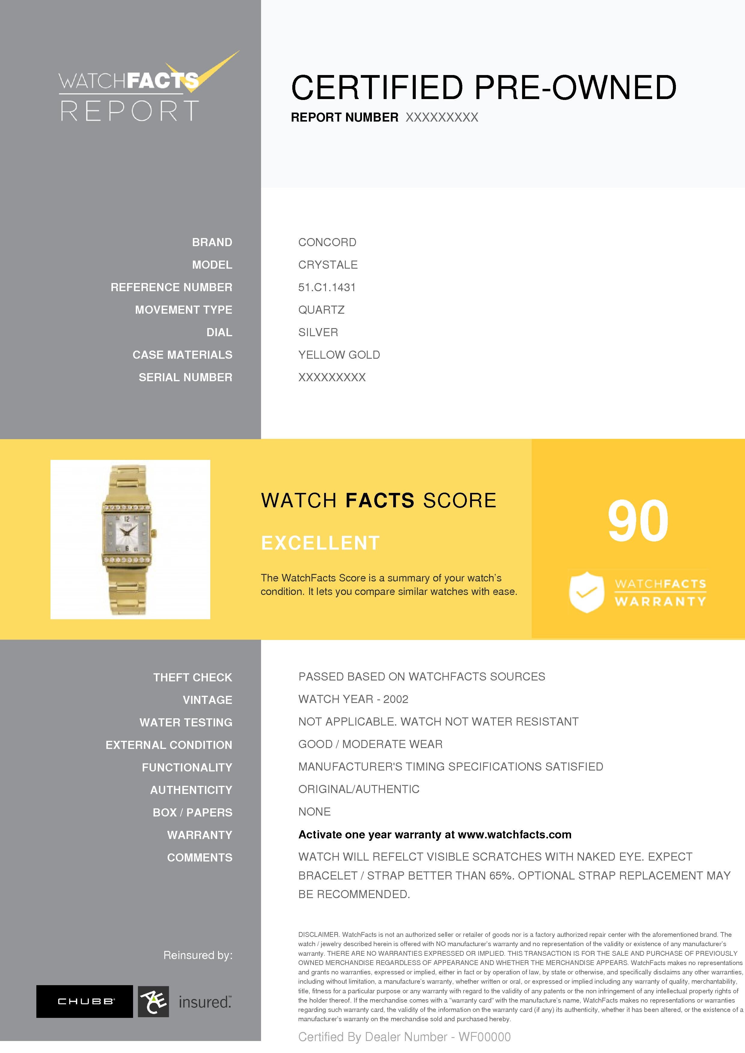 Concord Crystale Reference #:51.C1.1431. Concord Crystale 51.C1.1431 Womens Quartz Watch 0.64CT 18K Yellow Gold 21mm. Verified and Certified by WatchFacts. 1 year warranty offered by WatchFacts.
