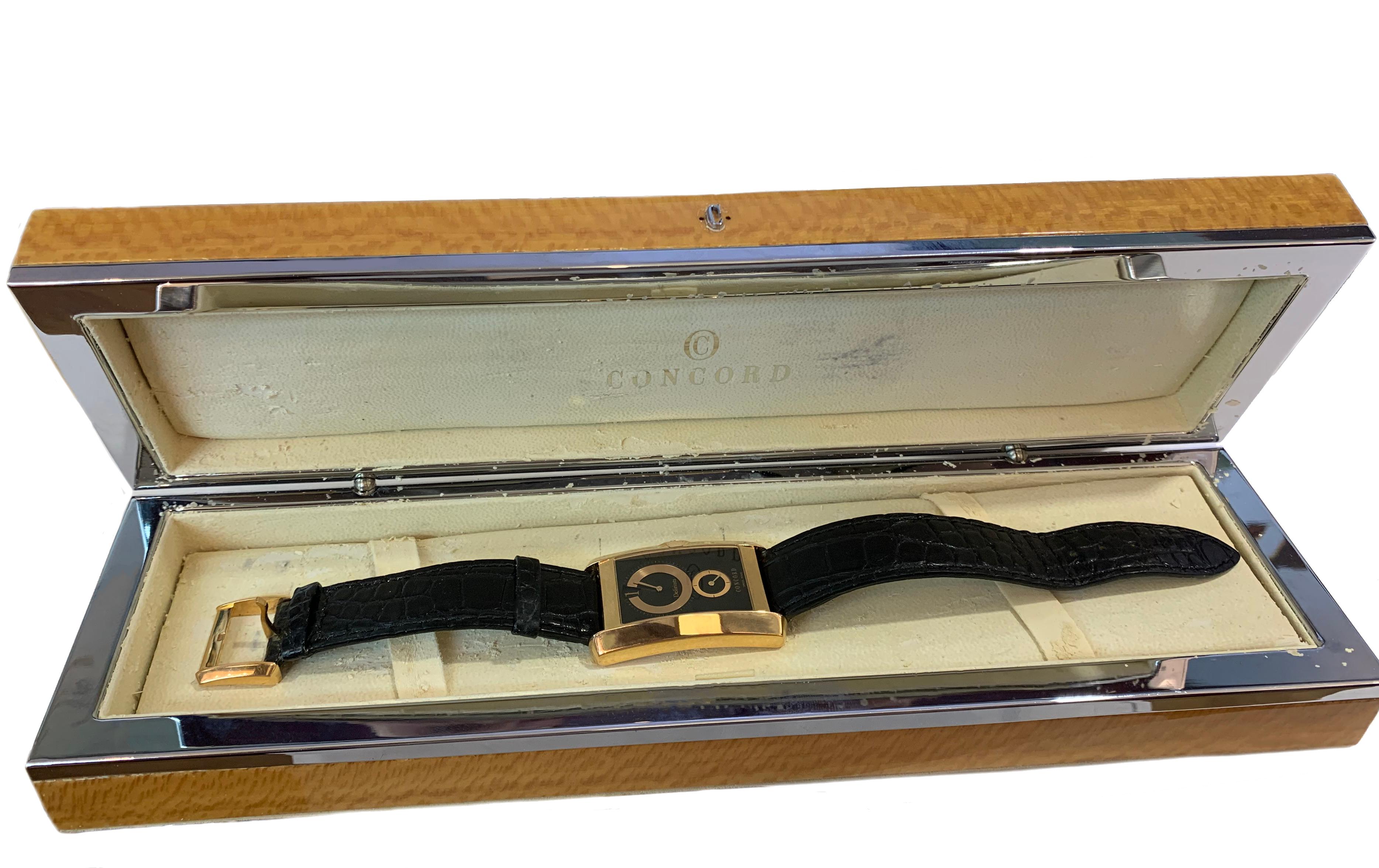 -Good condition case, strap shows signs of wear
-Case material: 18k Rose Gold
-Movement: Manual Wind Movement
-Case Size: 28mm x 43mm
-Dial: Black jump hour dial
-Black leather strap