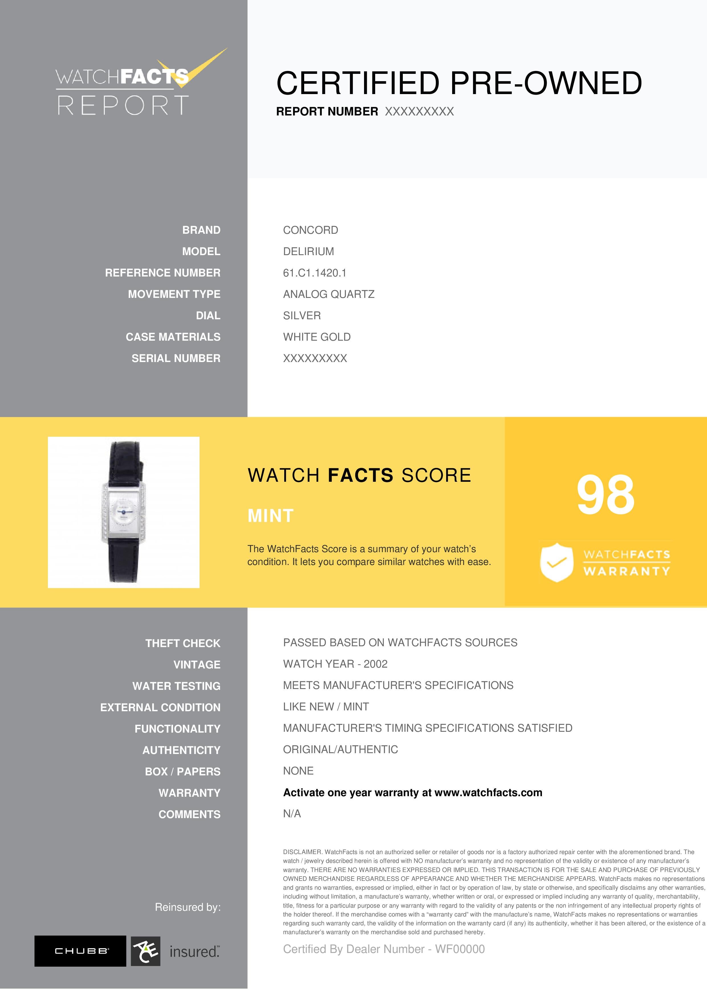 Concord-Delirium Referenznummer: 61.C1.1420.1 . Damen Analog Quarz Uhr Weiß Gold Silber 18 MM. Geprüft und zertifiziert von WatchFacts. 1 Jahr Garantie durch WatchFacts angeboten.
