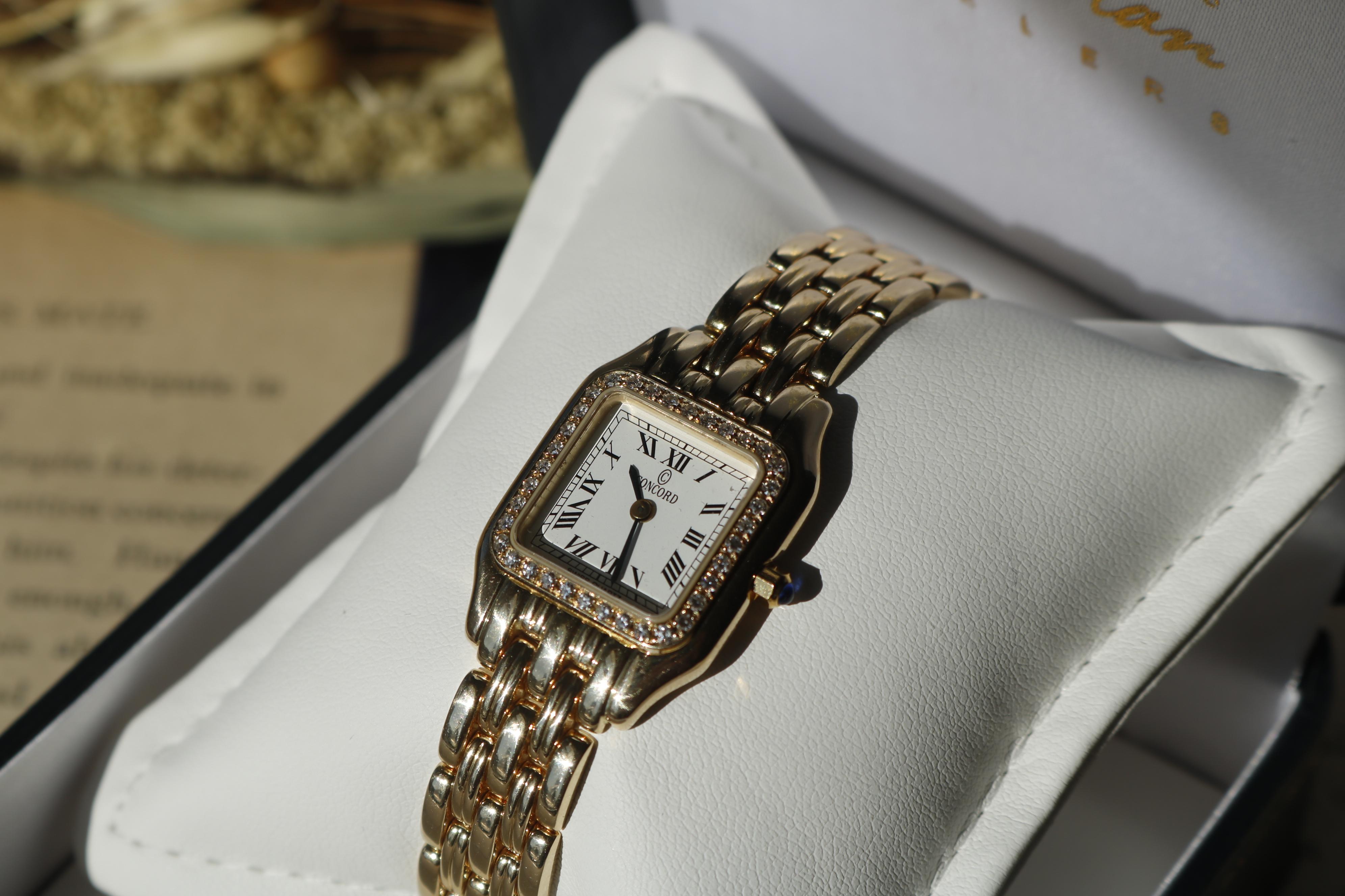 Concord Diamond 14k Yellow Gold and Sapphire Crystal Faced Wrist Watch In Good Condition In Towson, MD