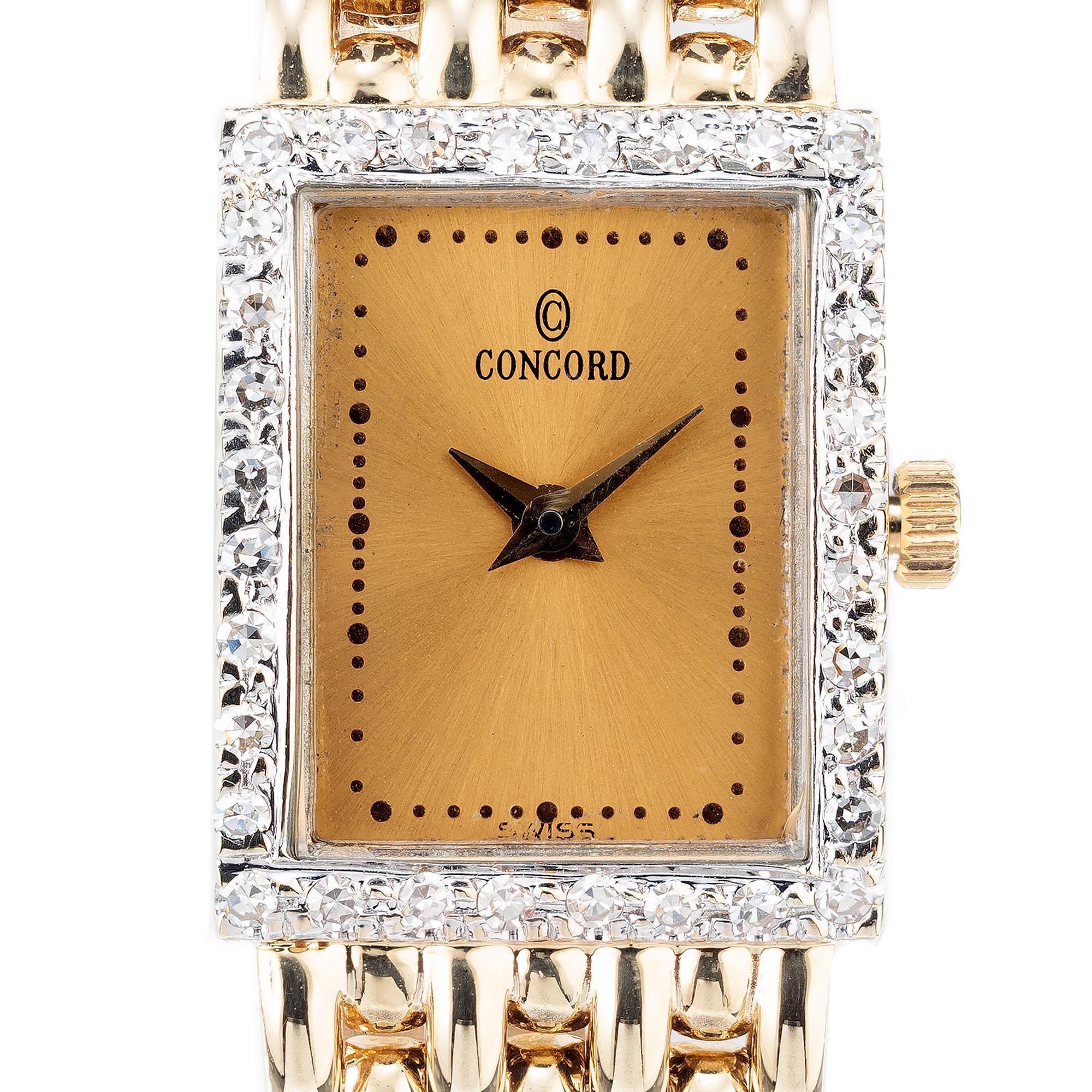 Concord ladies elegant 14k yellow gold seven row panther link quartz wristwatch. Rectangular bezel with 32 round accent diamonds and gold face. 6.5 to 6.75 length. 

32 sing cut diamonds, .32cts VS-SI, I
Length: 18.56mm
Width: 15.06mm
Band width at