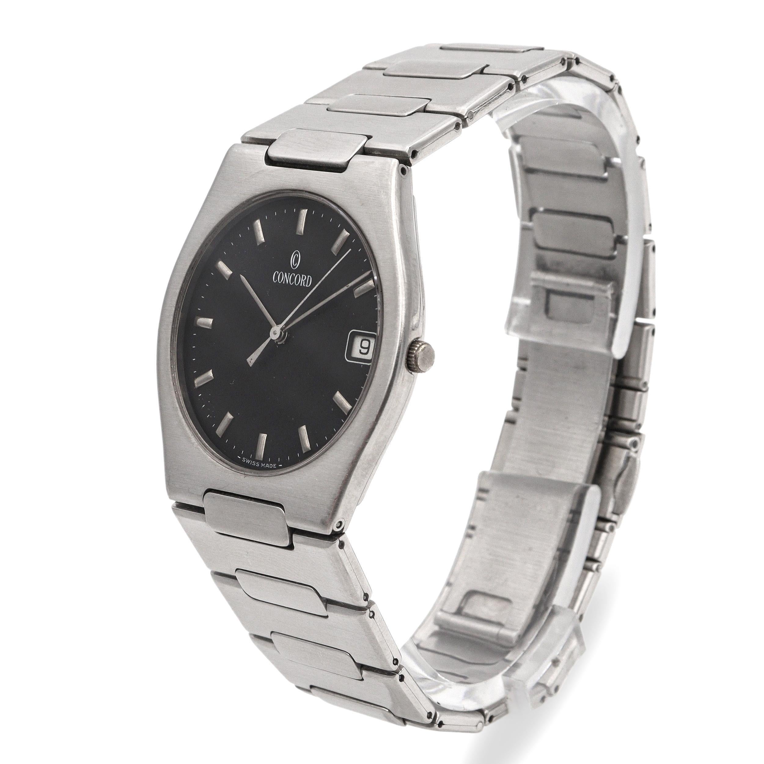 Mit ihrer raffinierten Mischung aus Schweizer Präzision und minimalistischem Design verkörpert die Concord Ref. 14.78.213 verkörpert die schlichte Eleganz dieser Herrenuhr. Das Gehäuse aus gebürstetem Edelstahl und das integrierte Armband sorgen für