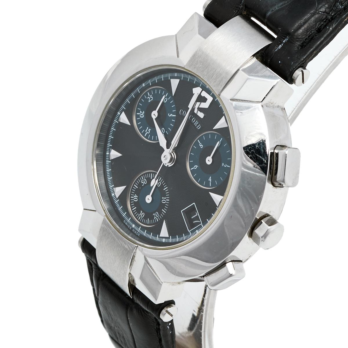 Contemporary Concord Grey Stainless Steel Leather La Scala 14.C5.1891 Women's Wristwatch 38 m