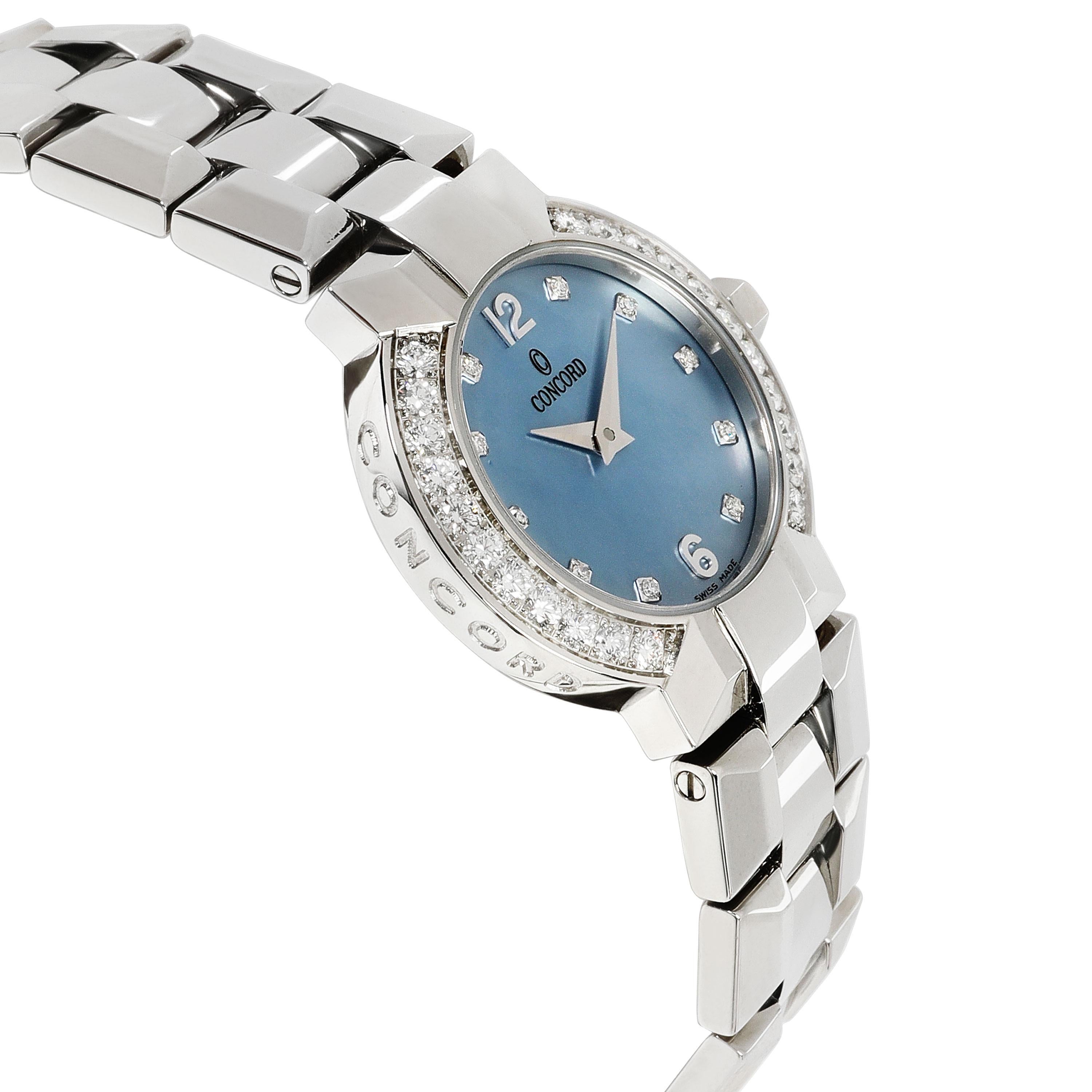 Concord La Scala 0309743 Women's Watch in  Stainless Steel

SKU: 115672

PRIMARY DETAILS
Brand: Concord
Model: La Scala
Country of Origin: Switzerland
Movement Type: Quartz: Battery
Year of Manufacture: 2010-2019
Condition: Retail price 5,900 USD.