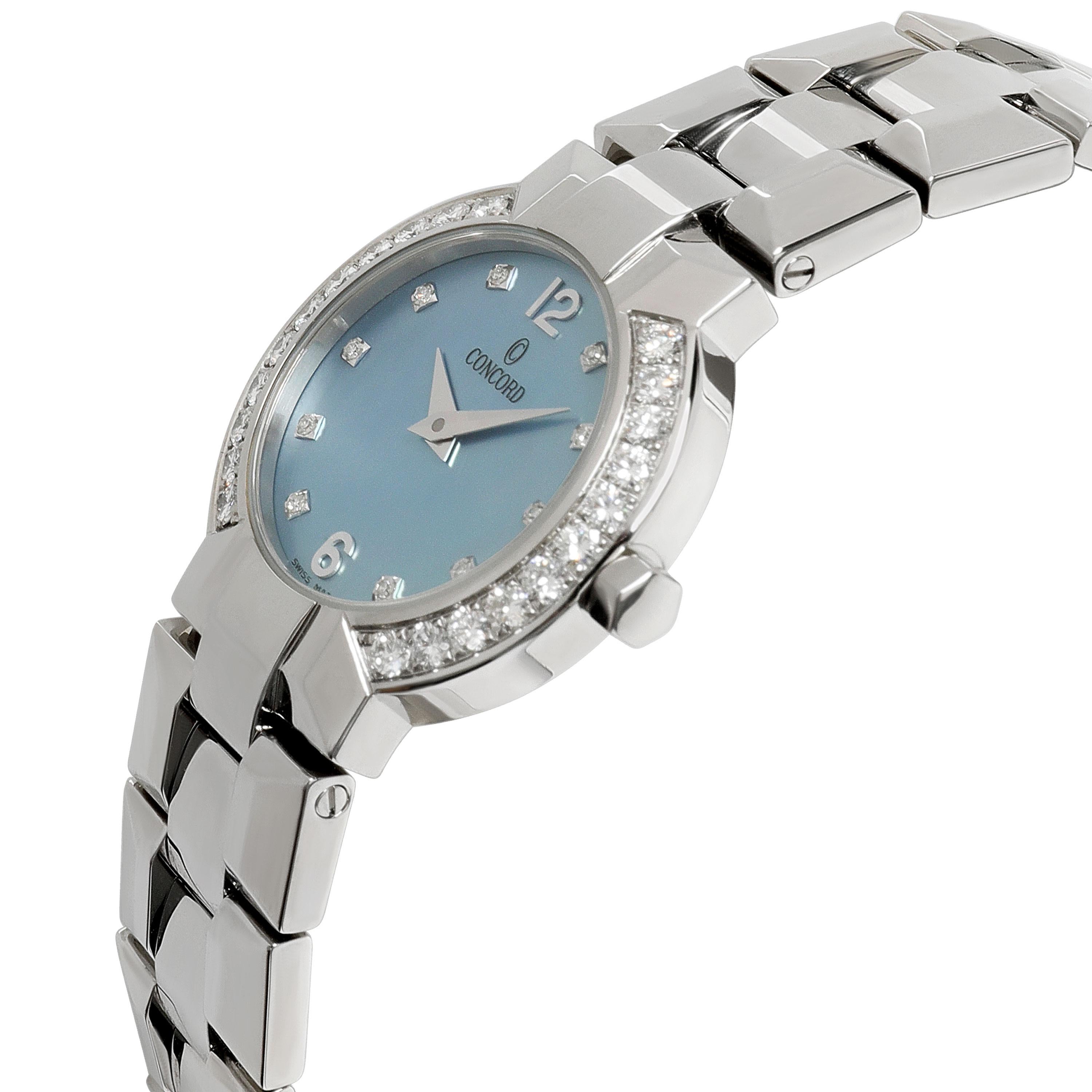 Concord La Scala 14.G4.1843.S Women's Watch in  Stainless Steel

SKU: 115748

PRIMARY DETAILS
Brand: Concord
Model: La Scala
Country of Origin: Switzerland
Movement Type: Quartz: Battery
Year of Manufacture: 2010-2019
Condition: Retail price 5,900