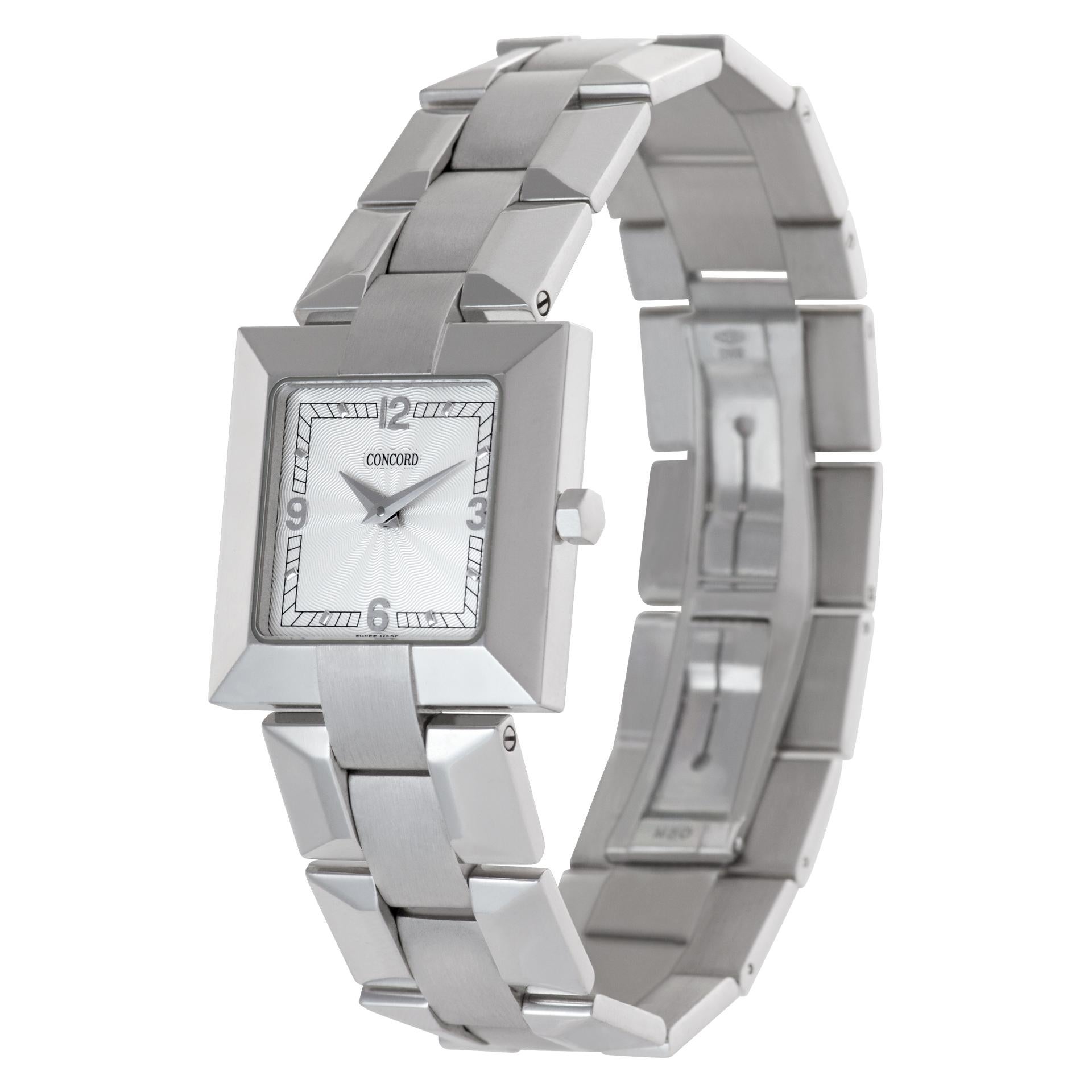 Concord Square La Scala watch in 18k white gold. Fits 7.5 inches wrist. Quartz. 27 mm case size. Ref 60-46-522. Circa 2000. Fine Pre-owned Concord Watch.

Certified preowned Dress Concord La Scala 60-46-522 watch is made out of white gold on a 18k