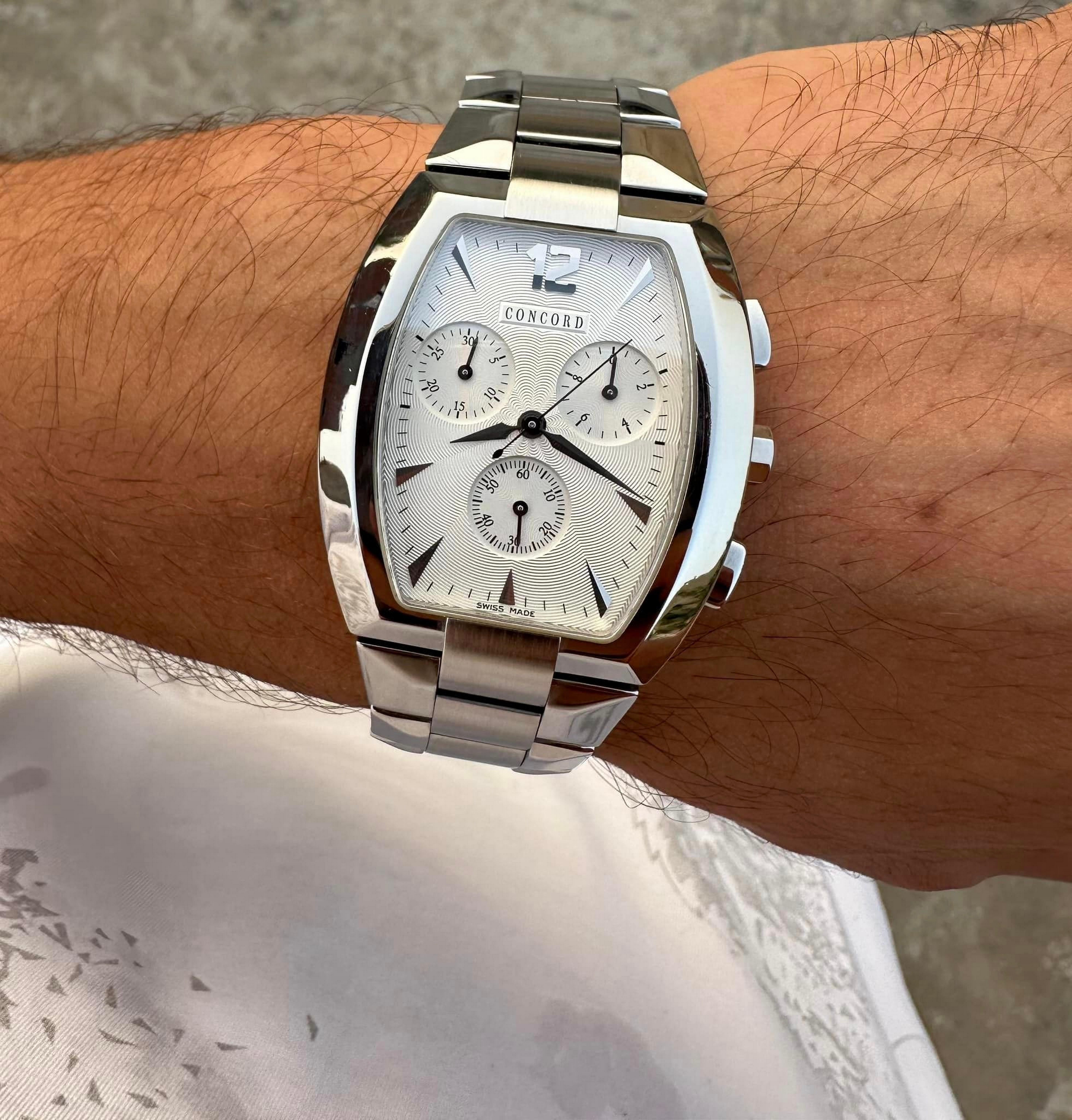 Concord La Scala Steel Chronograph White Guilloche Dial Quartz Watch 14.H1.1481  In Good Condition For Sale In Toronto, CA