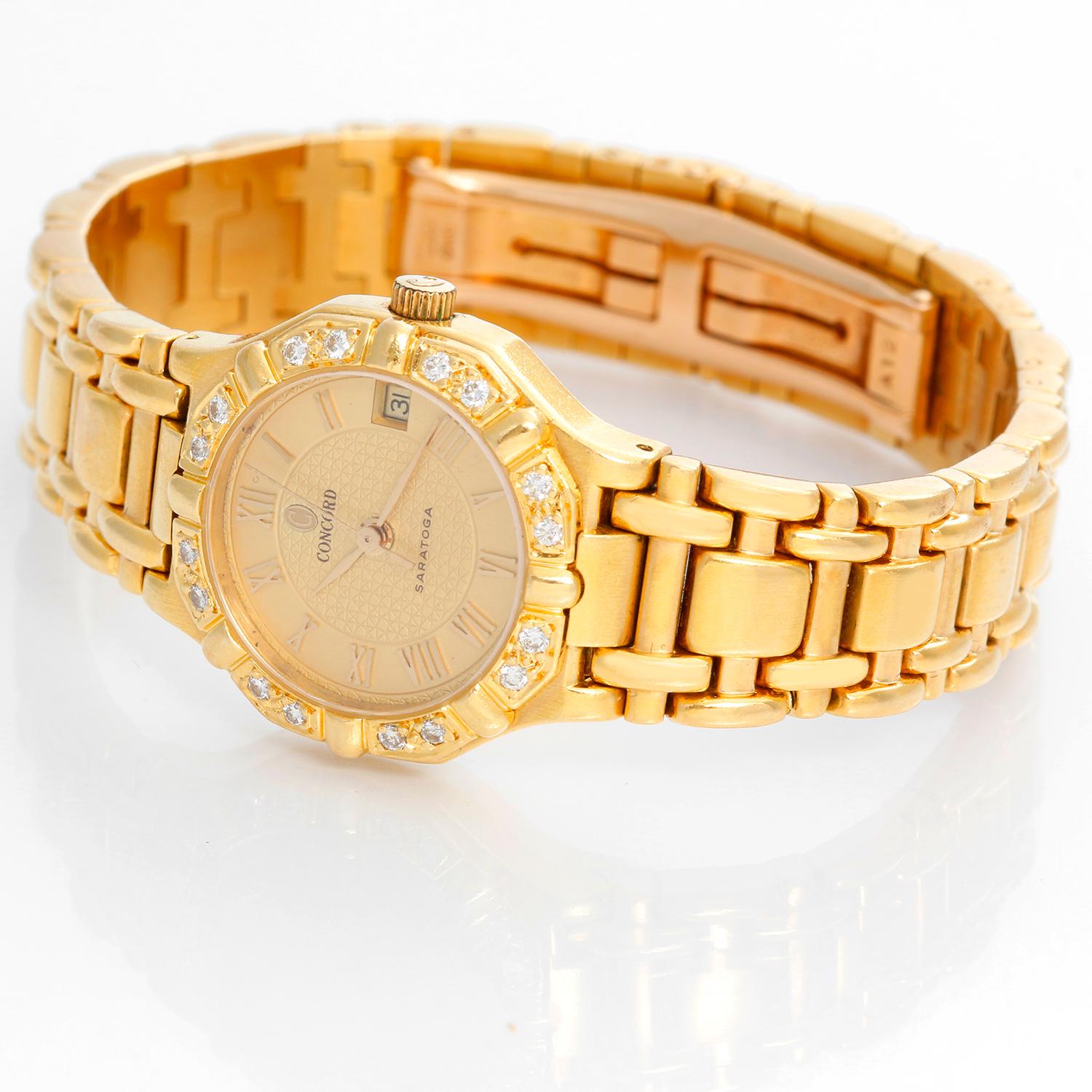 Concord Ladies 18K Yellow Gold  Saratoga Ladies Watch  - Quartz. 18K Yellow gold with diamond bezel ( 24 mm ) . Textured Champagne dial with Roman numerals . 18K Yellow gold link bracelet with deployant clasp . Pre-owned with custom box. Will fit a
