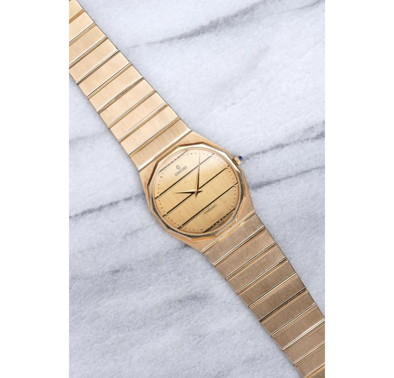 Here's a vintage Concord Royal Mariner Polo Quartz 14K yellow gold from 1982. Reference 15562. Keeps great time and is fully functional. Bracelet fits up to a 7 inch wrist. (The links have screws so they can be removed). Gold dauphins hands. 14K