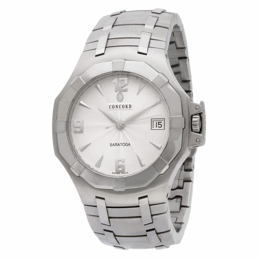 Concord Saratoga in stainless steel. Quartz w/ sweep seconds and date. Ref 14.c2.1894. Circa 2000s. Fine Pre-owned Concord Watch. Certified preowned Sport Concord Saratoga 14.c2.1894 watch is made out of Stainless steel on a Stainless Steel bracelet