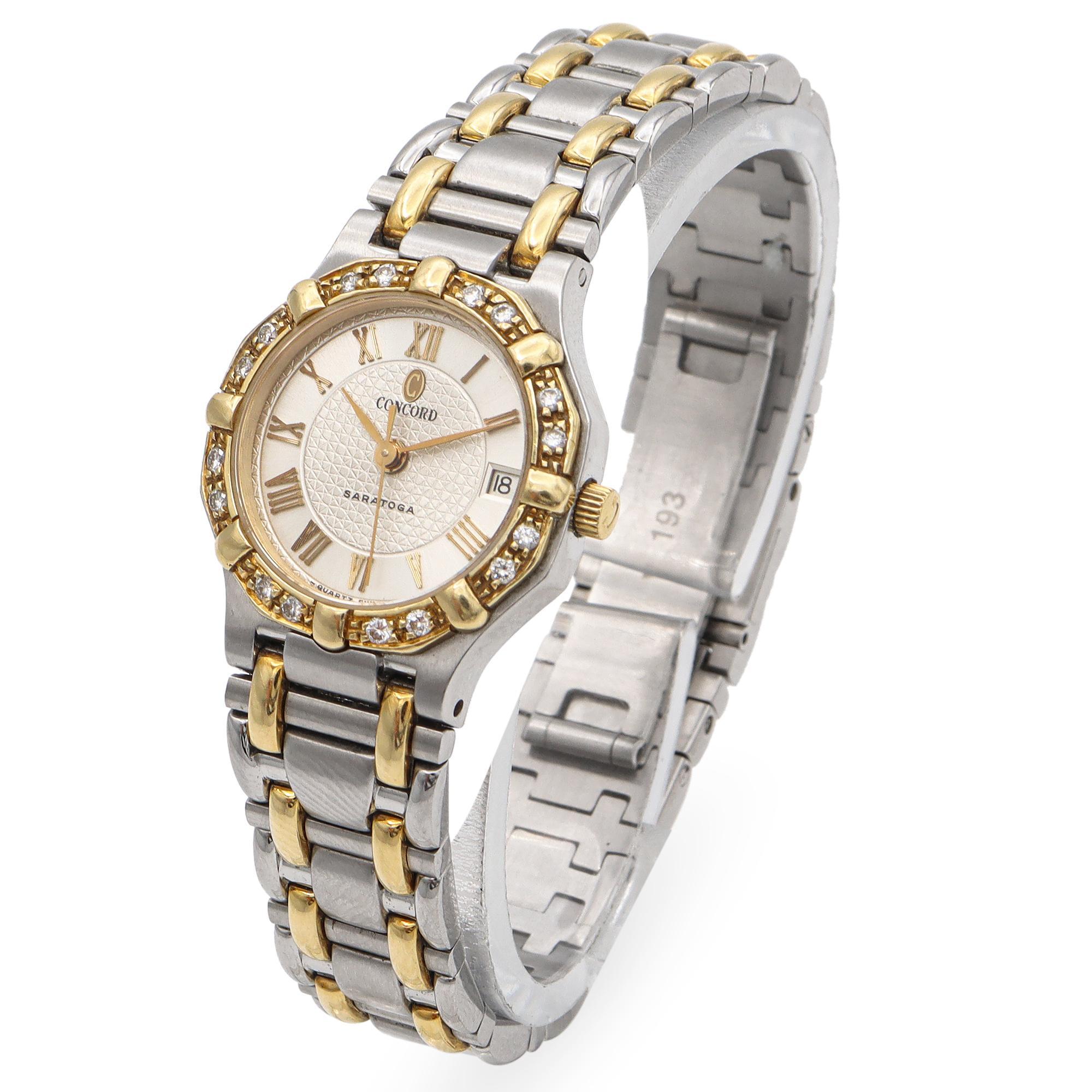 The Concord Saratoga watch is a refined expression of elegance. This distinguished timepiece features a diamond bezel, with each stone selected for its pristine white color and brilliance. Crafted with precision, the watch showcases a harmonious