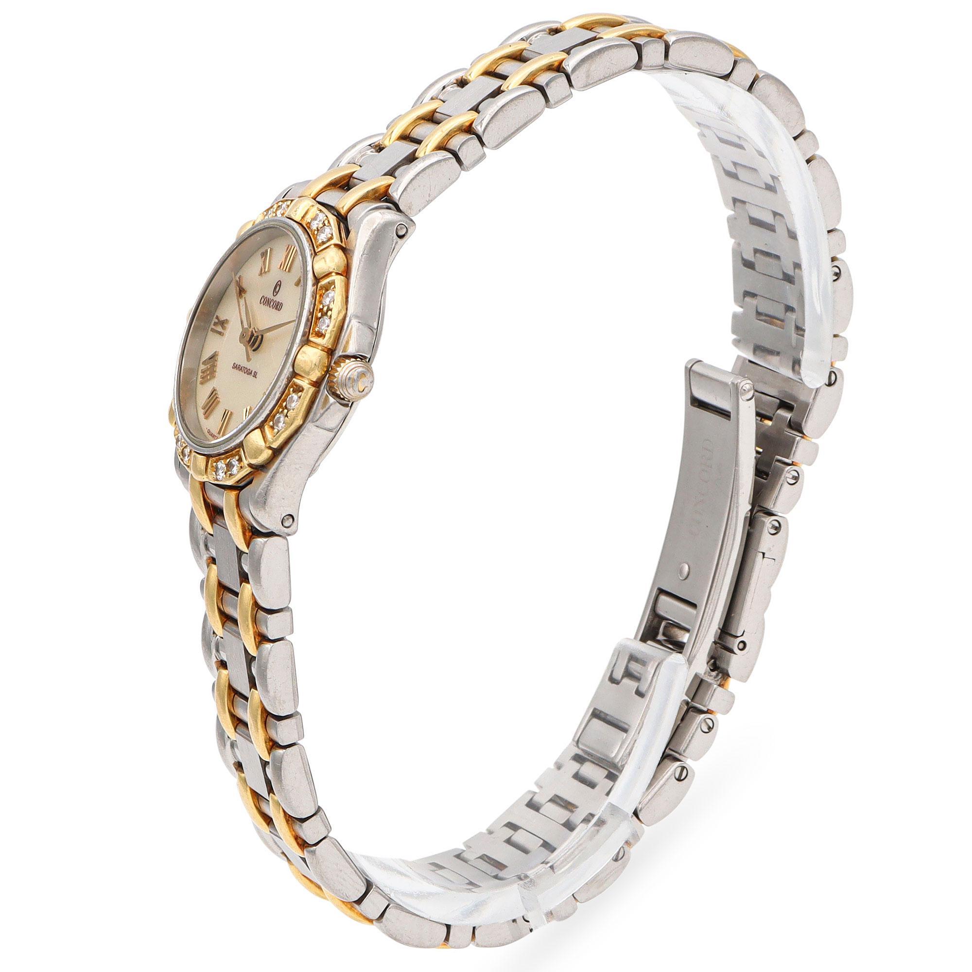 This elegant watch by Concord Watch is crafted in a combination of 18k gold and stainless steel. It features a bezel adorned with white diamonds, dial made from mother of pearl, enhancing its sophisticated design. The watch operates with a quartz