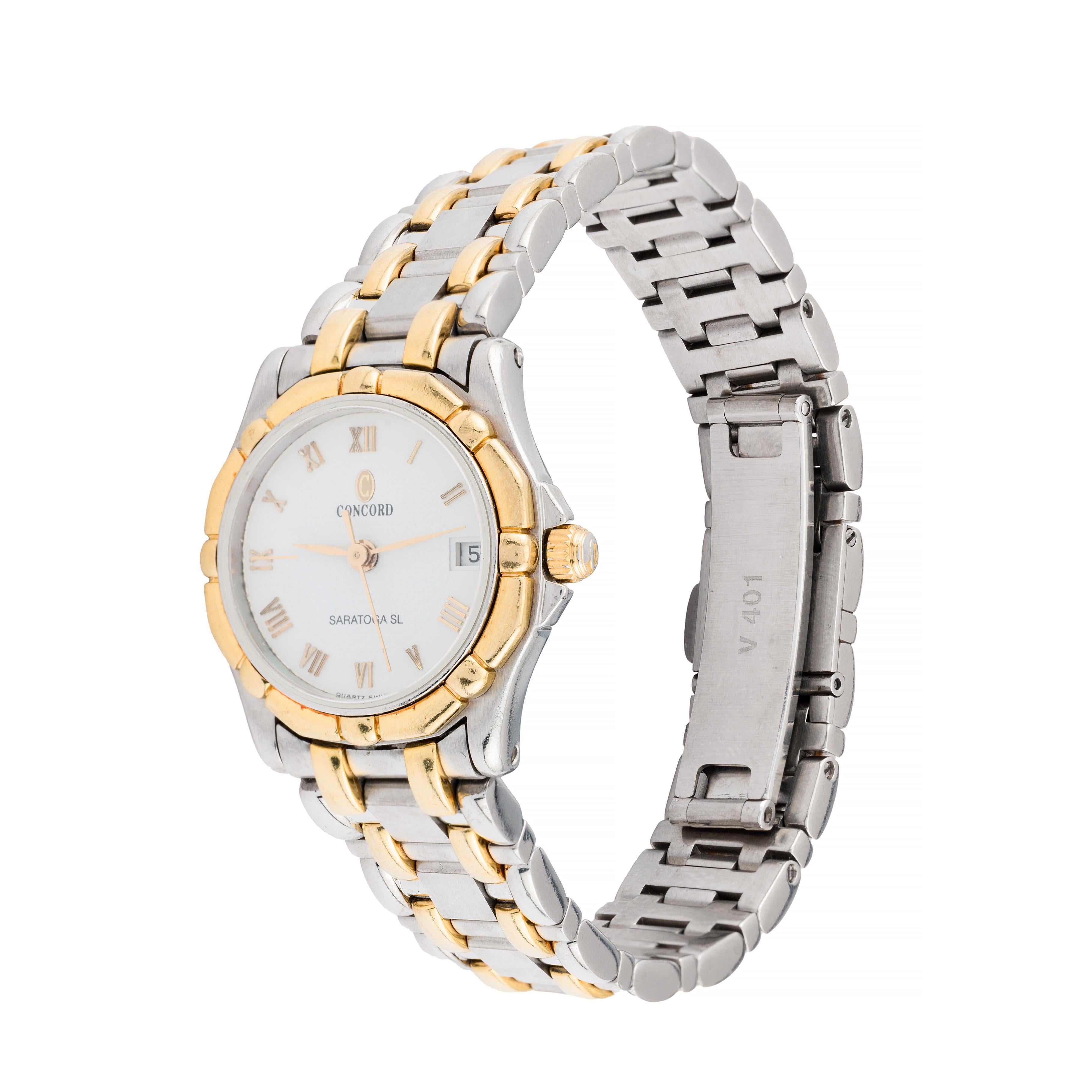 Aston Estate Jewelry Presents:

A distinguished Concord wristwatch crafted in stainless steel and solid 18k gold.

The round watch features a white brick dial with Roman numeral hour markers. The Concord signature is prominently displayed,