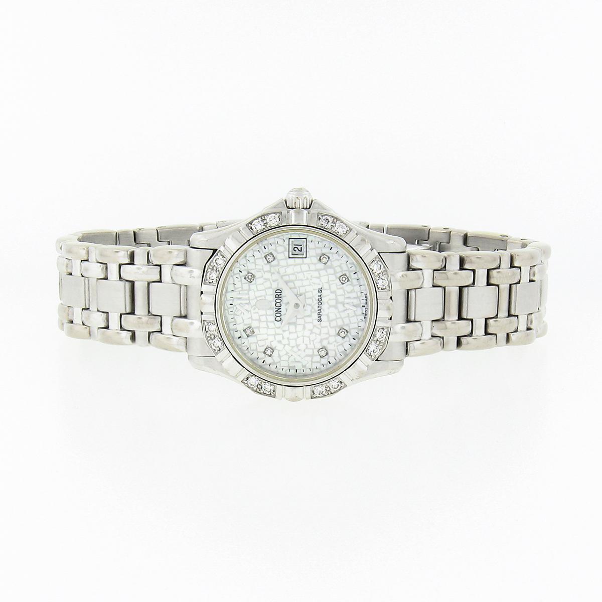 Round Cut Concord Saratoga SL 18k White Gold Diamond 23.5mm Date Watch w/ Papers 61.36.275 For Sale