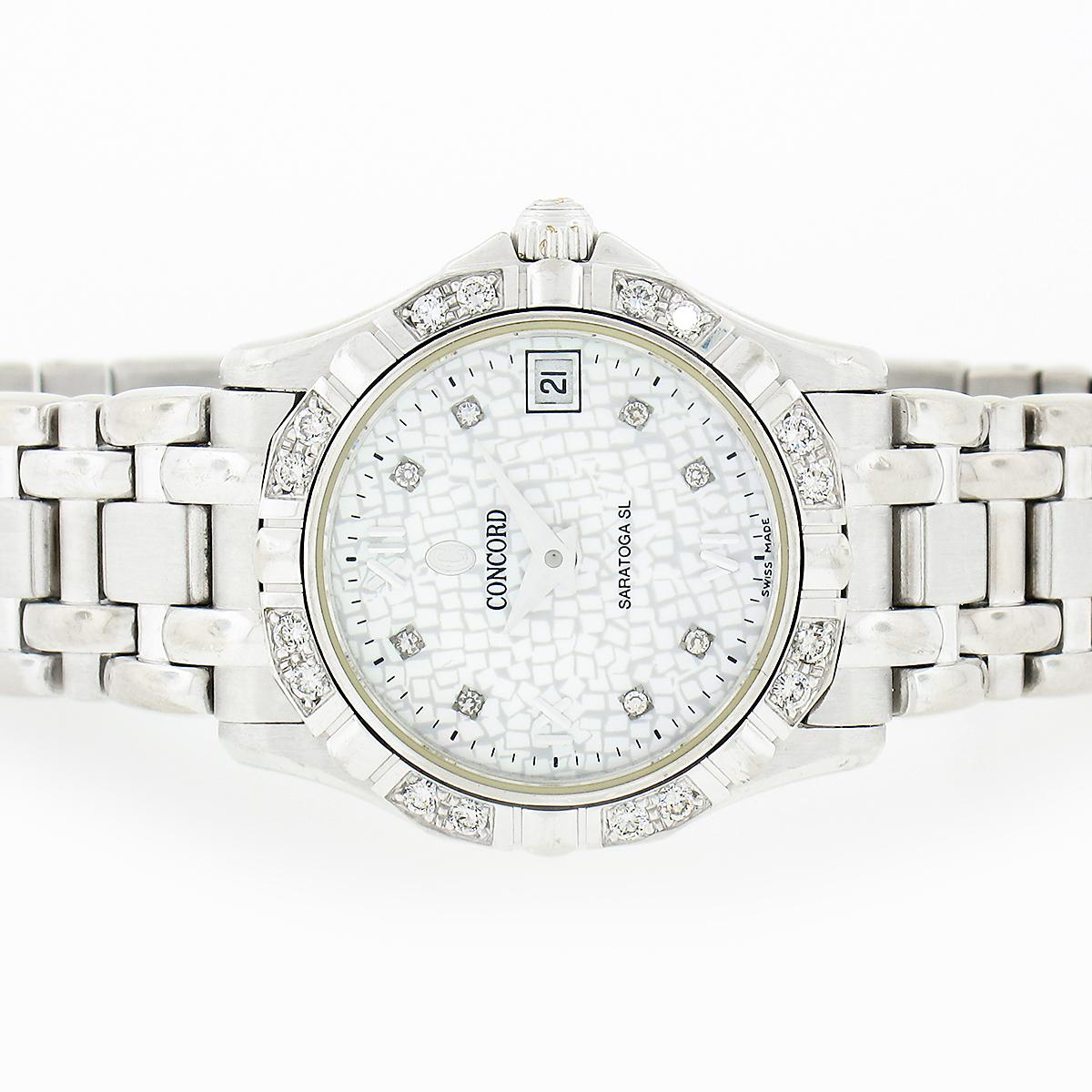 Concord Saratoga SL 18k White Gold Diamond 23.5mm Date Watch w/ Papers 61.36.275 In Excellent Condition For Sale In Montclair, NJ