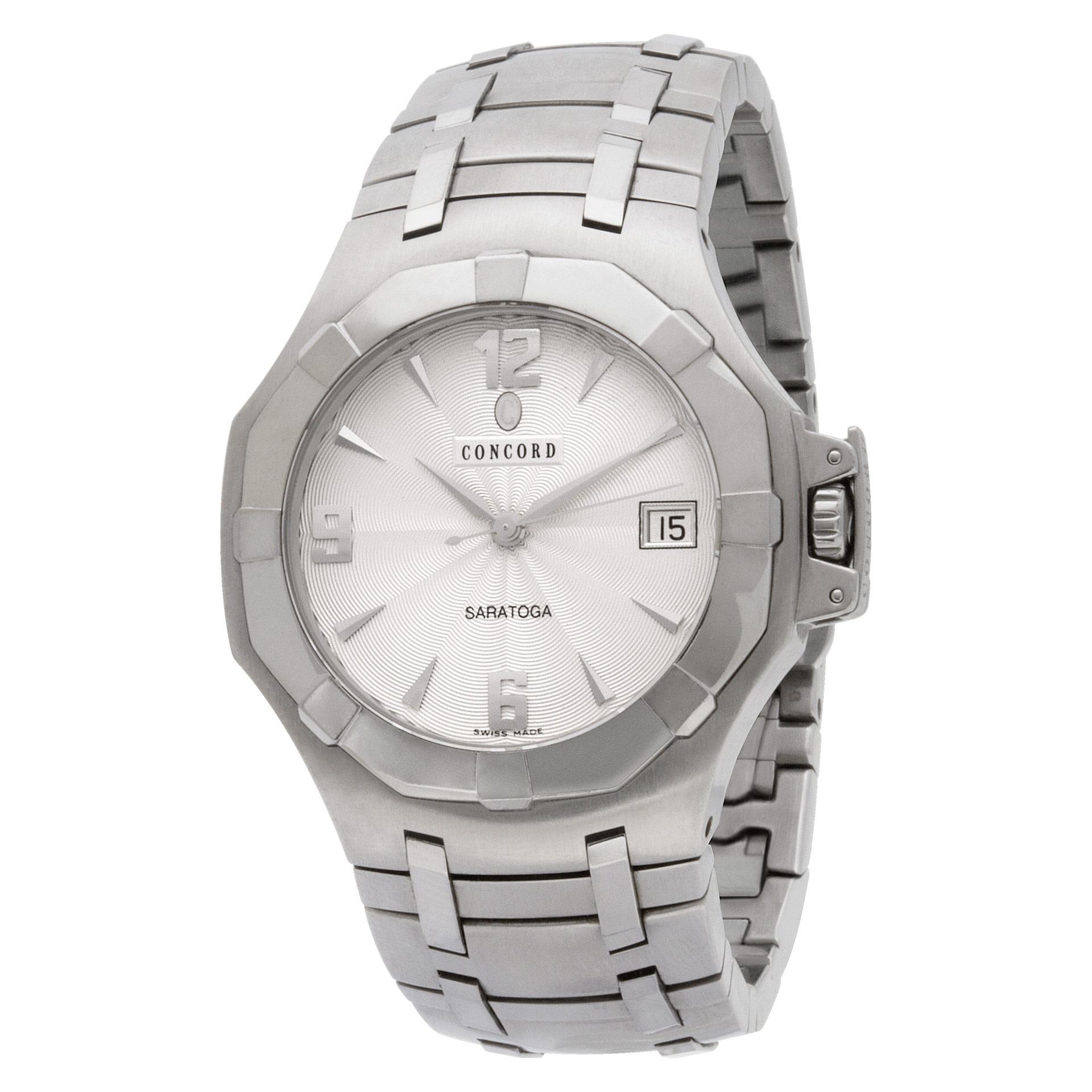 Concord Saratoga in stainless steel. Quartz w/ sweep seconds and date. Ref 14.c2.1894. 37mm case size. Circa 2000s. Fine Pre-owned Concord Watch.

Certified preowned Sport Concord Saratoga 14.c2.1894 watch is made out of Stainless steel on a