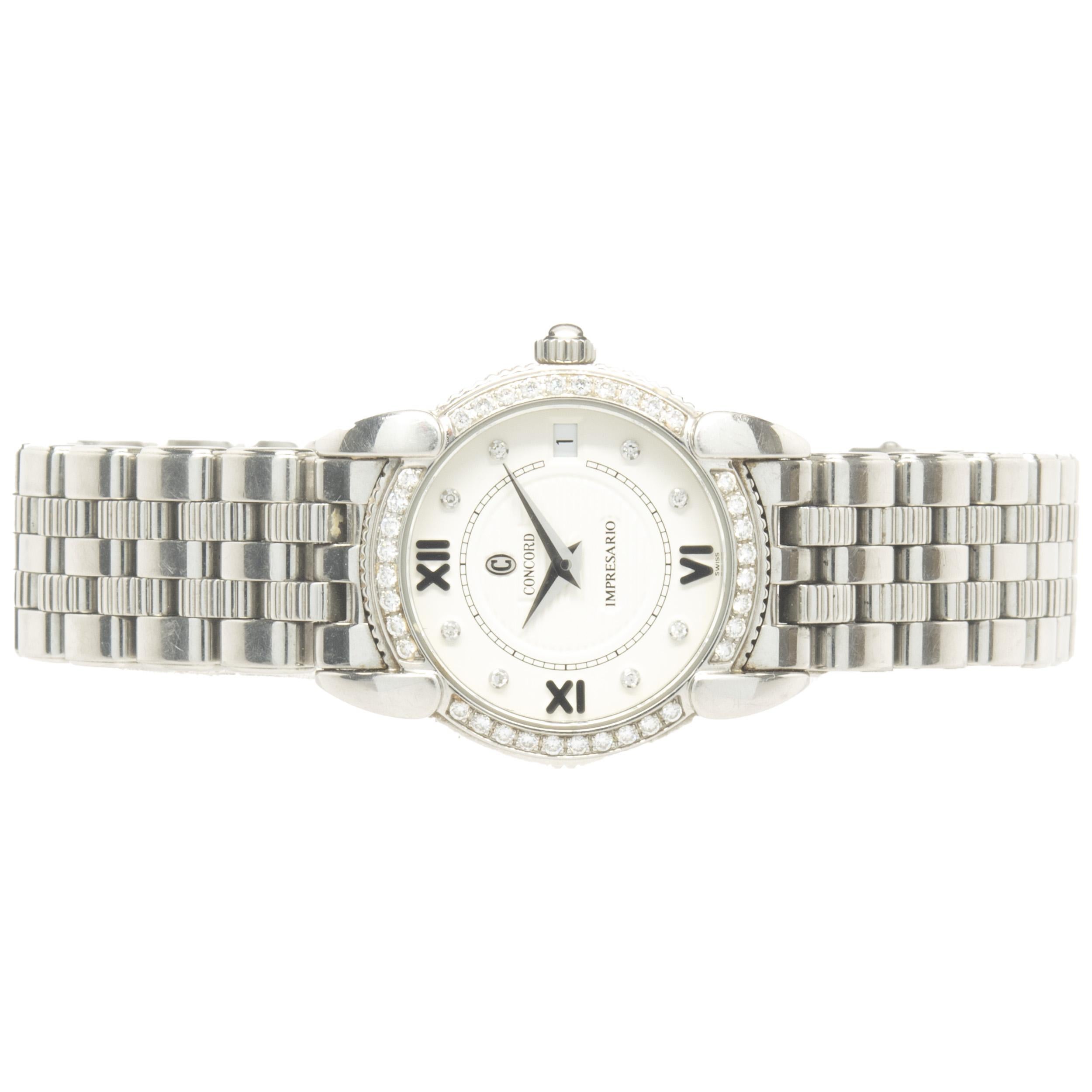 Movement: quartz
Function: hours, minutes, date
Case: 25mm round case, diamond bezel, sapphire crystal, pull/push crown, water resistant
Dial: white, diamond
Band: Concord stainless steel bracelet, integrated clasp
Serial#: 14E12XXX
Reference #
