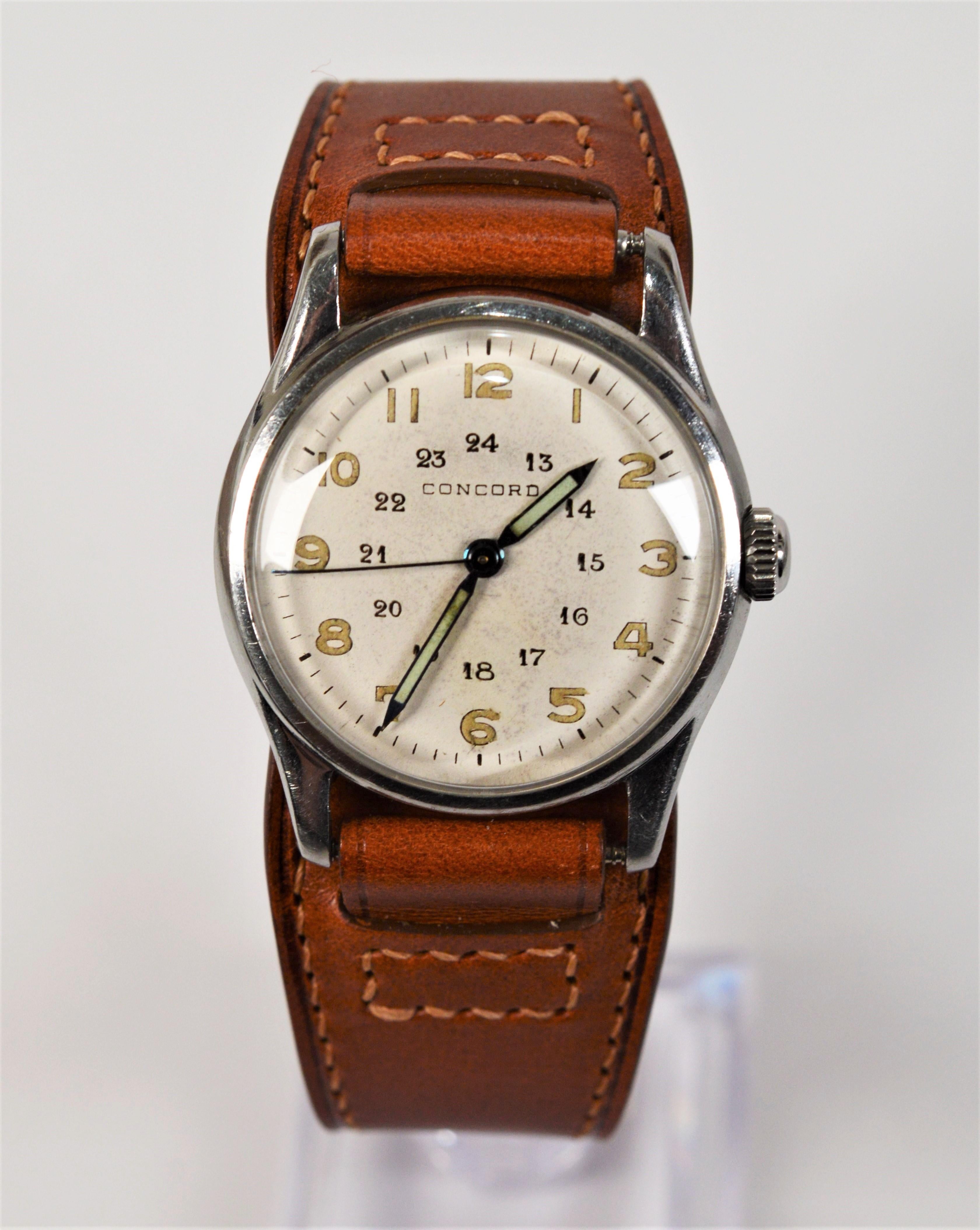 Concord Acier inoxydable WWII Era 24 Hour Dial  Montre-bracelet pour hommes en vente 6