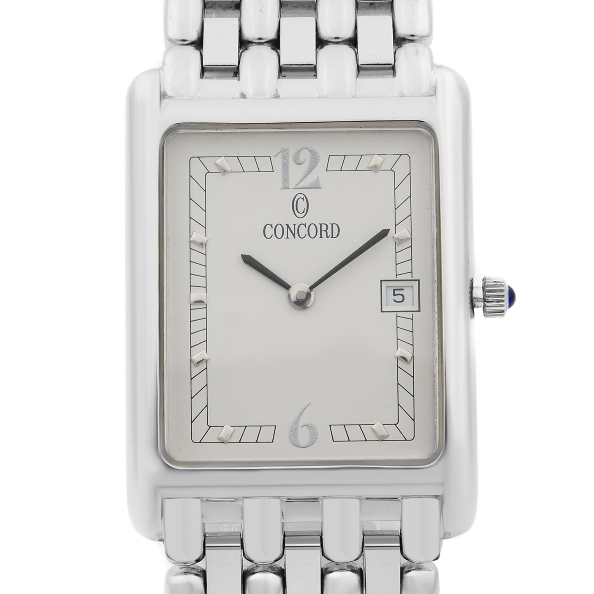 This pre-owned Concord Veneto 60-46-625 is a beautiful men's timepiece that is powered by quartz (battery) movement which is cased in a white gold case. It has a rectangle shape face, date indicator dial and has hand arabic numerals, dots style
