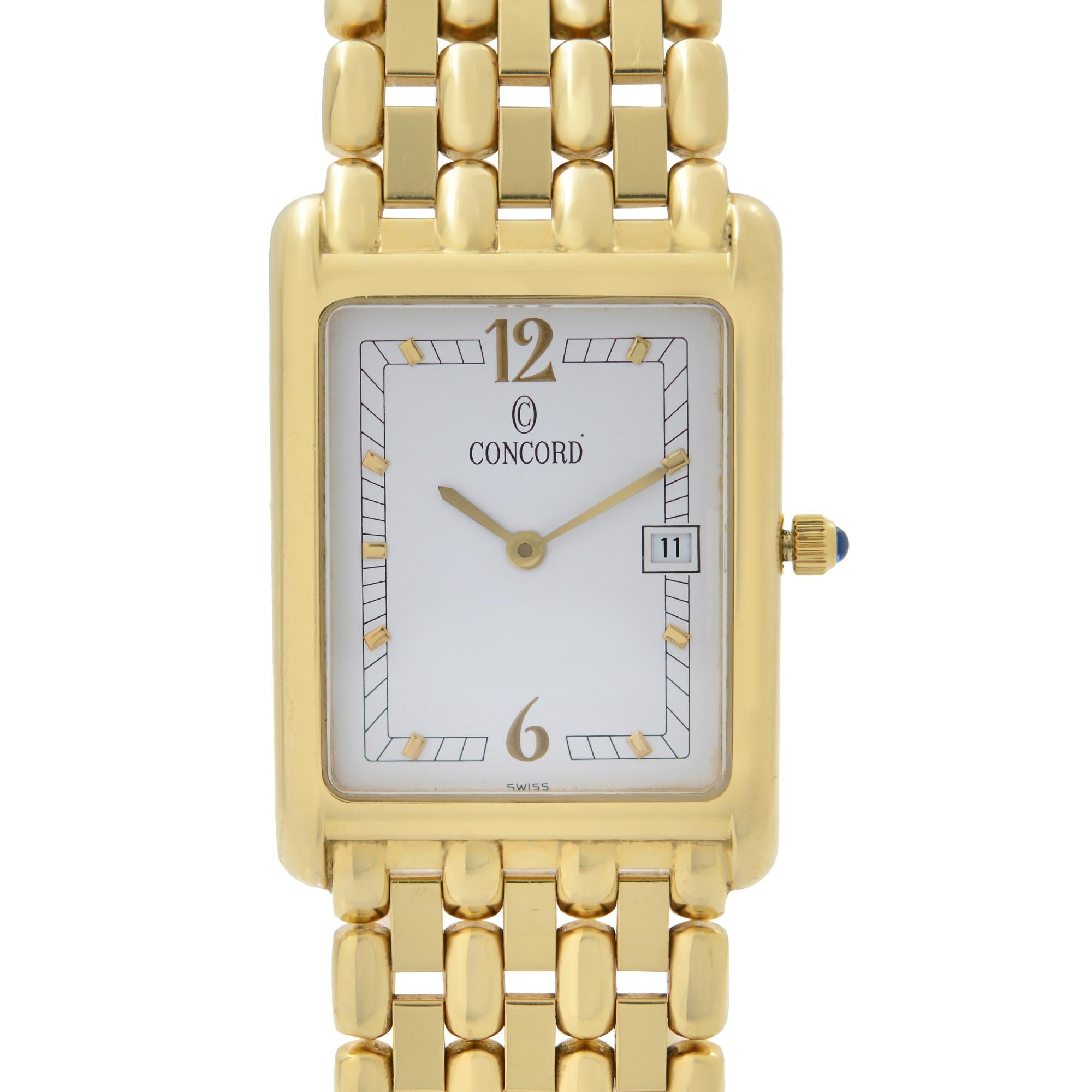 Pre Owned Concord Veneto 18K Yellow Gold White Dial Quartz Analogue Luxury Men's Watch 50.46.625. This Beautiful Timepiece is Powered by Quartz (Battery) Movement And Features: Rectangular 18k Yellow Gold Case & Bracelet, Fixed 18k Gold Bezel, White