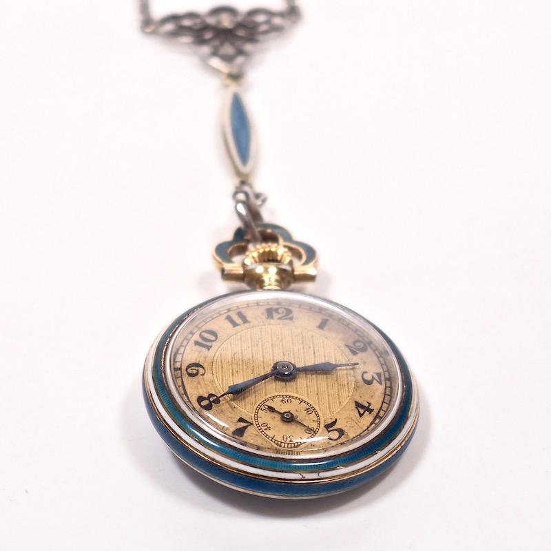 Concord Watch Co. Diamond Enamel Pendant Watch Necklace, 1915 In Good Condition For Sale In CA, CA