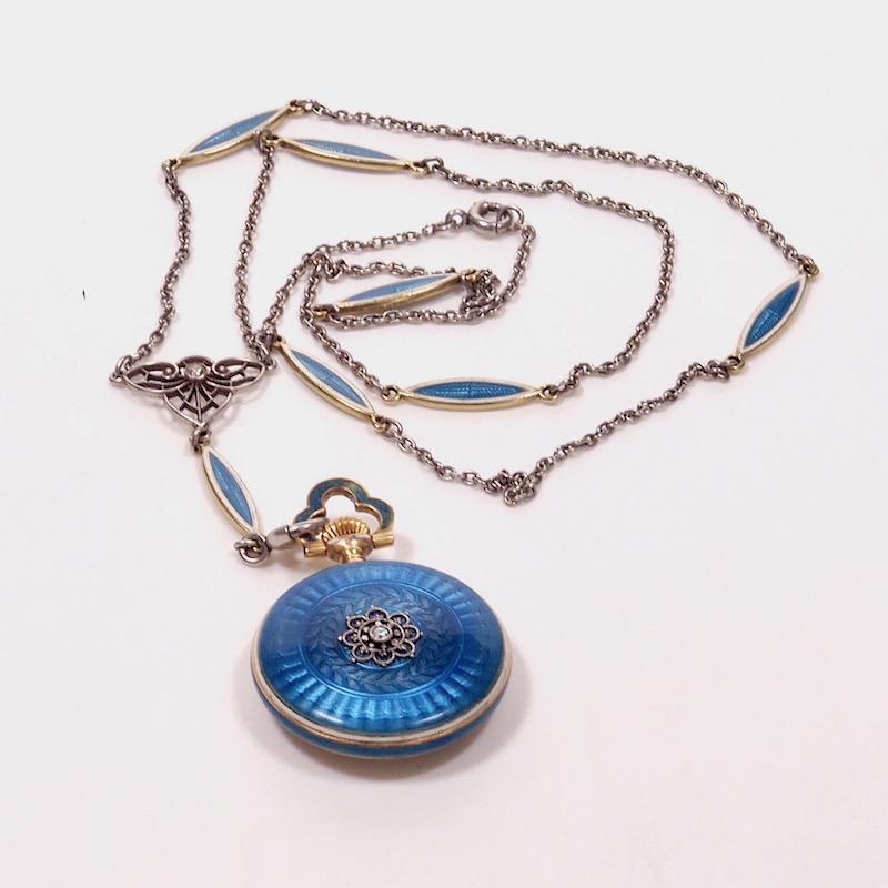 Women's Concord Watch Co. Diamond Enamel Pendant Watch Necklace, 1915 For Sale