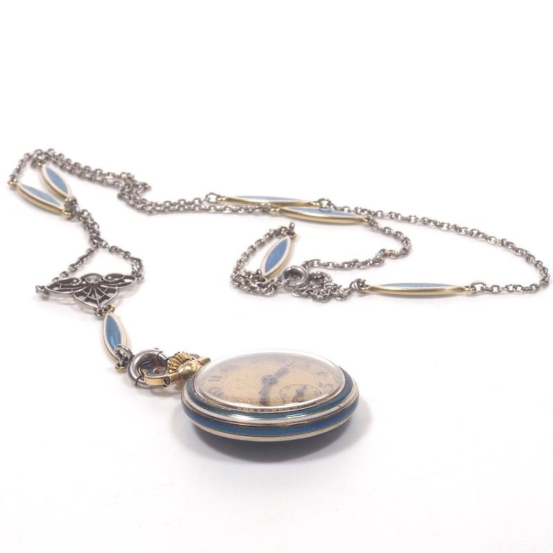 Rose Cut Concord Watch Co. Diamond Enamel Pendant Watch Necklace, 1915 For Sale
