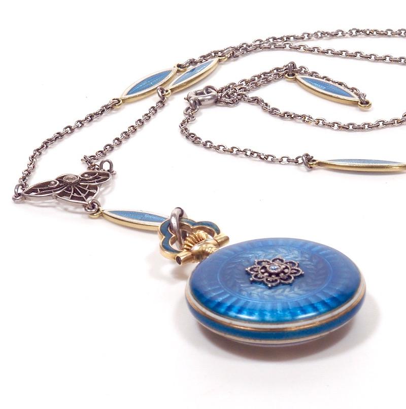 Belle Époque Concord Watch Co. Diamond Enamel Pendant Watch Necklace, 1915 For Sale