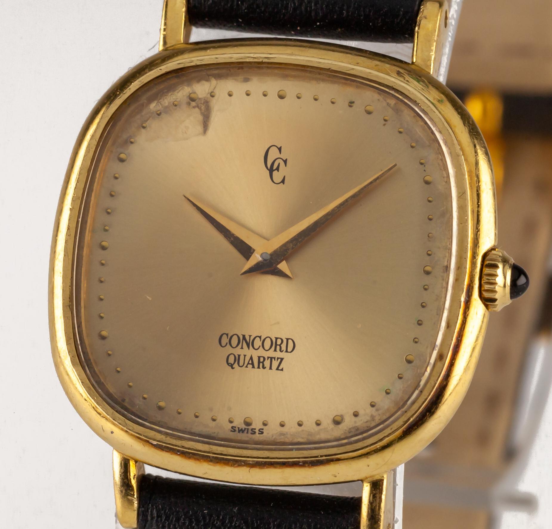 Modern Concord Women's 18k Yellow Gold Quartz Watch w/ Leather Band For Sale