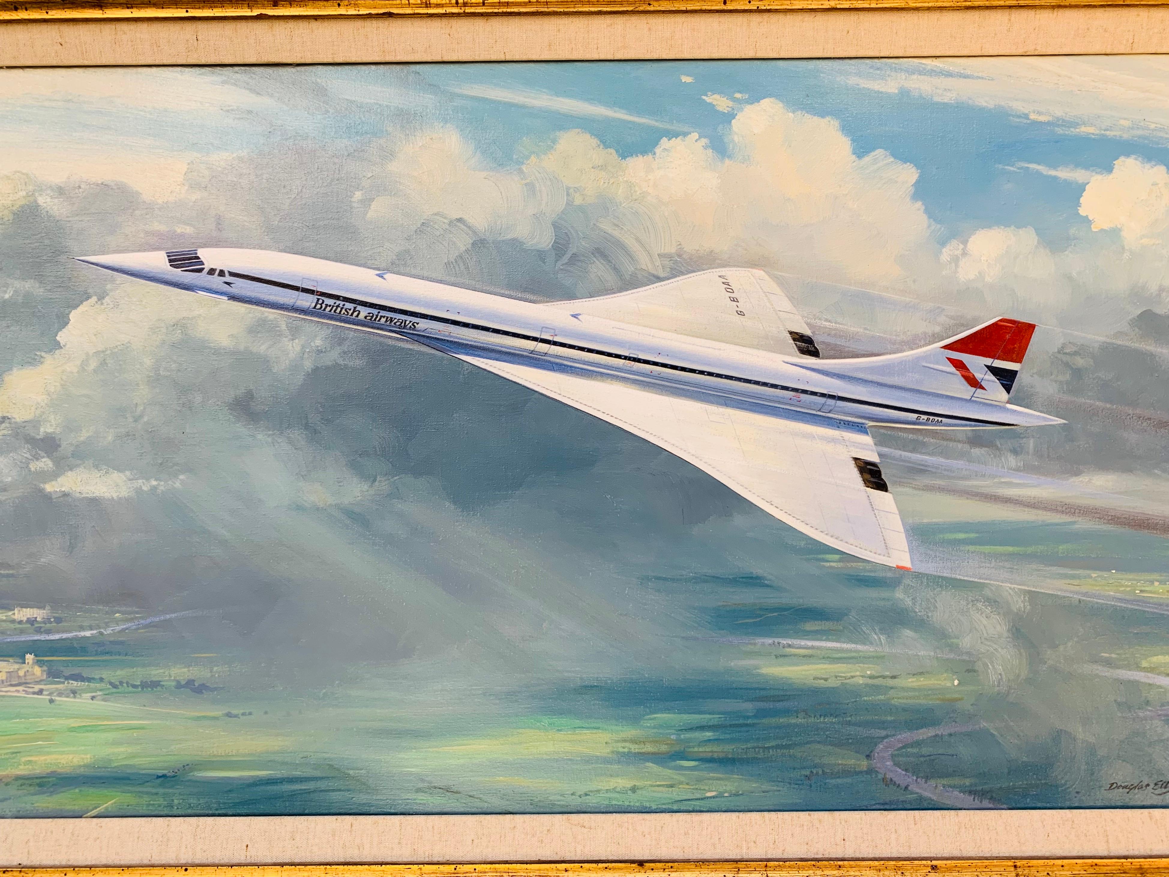 Mid-Century Modern Concorde by artist Douglas Ettridge (1929- 2009) Oil on Canvas Circa 1976