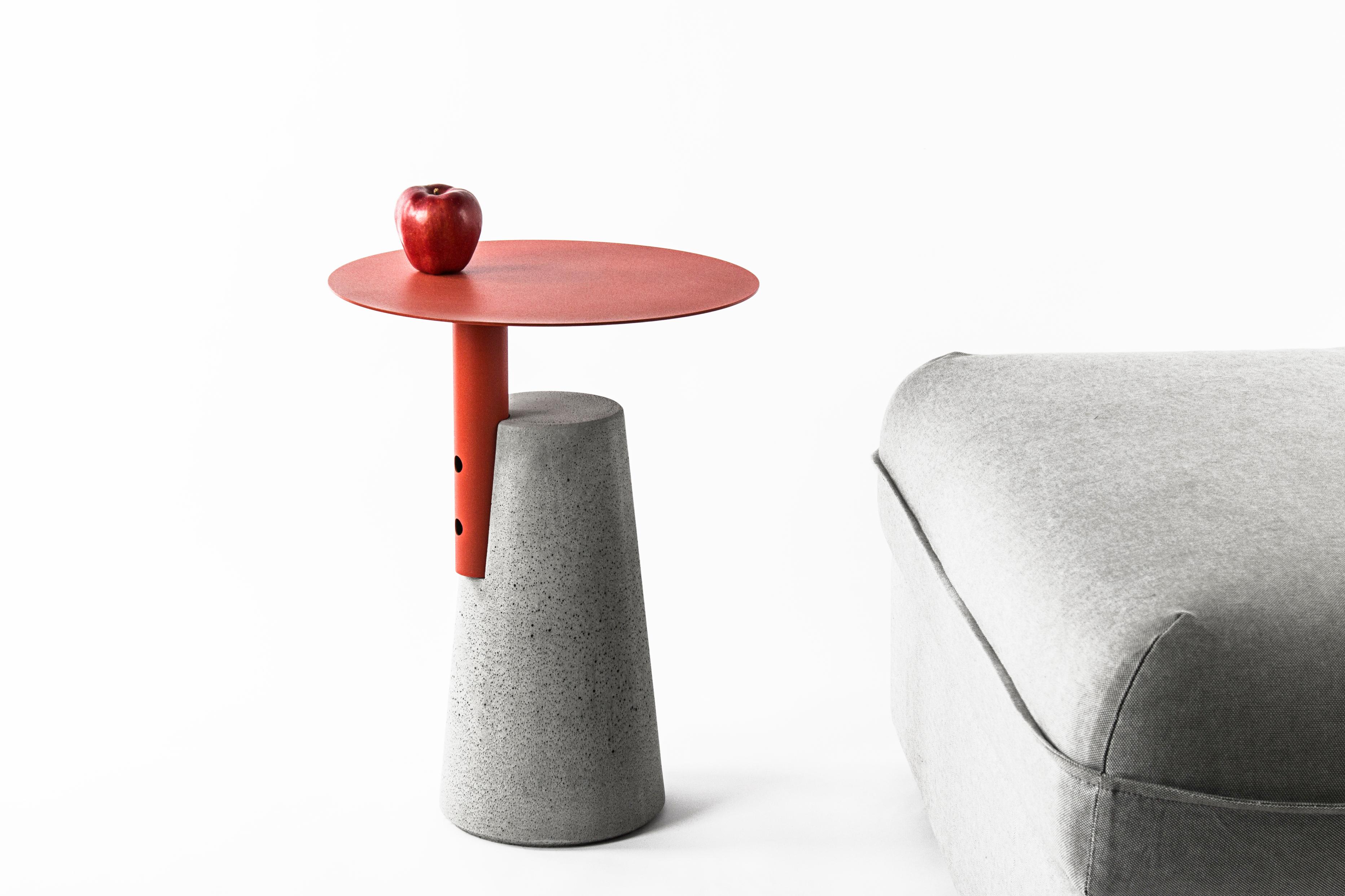 Material: Concrete, demolition leftover concrete, powder coated steel
Size: 400 x 400 x H 520 mm
Color: Cement Grey
Tabletop Color: Red

About the artist/ designer:
Bentu's furniture derives its uniqueness from the simplicity of its forms and