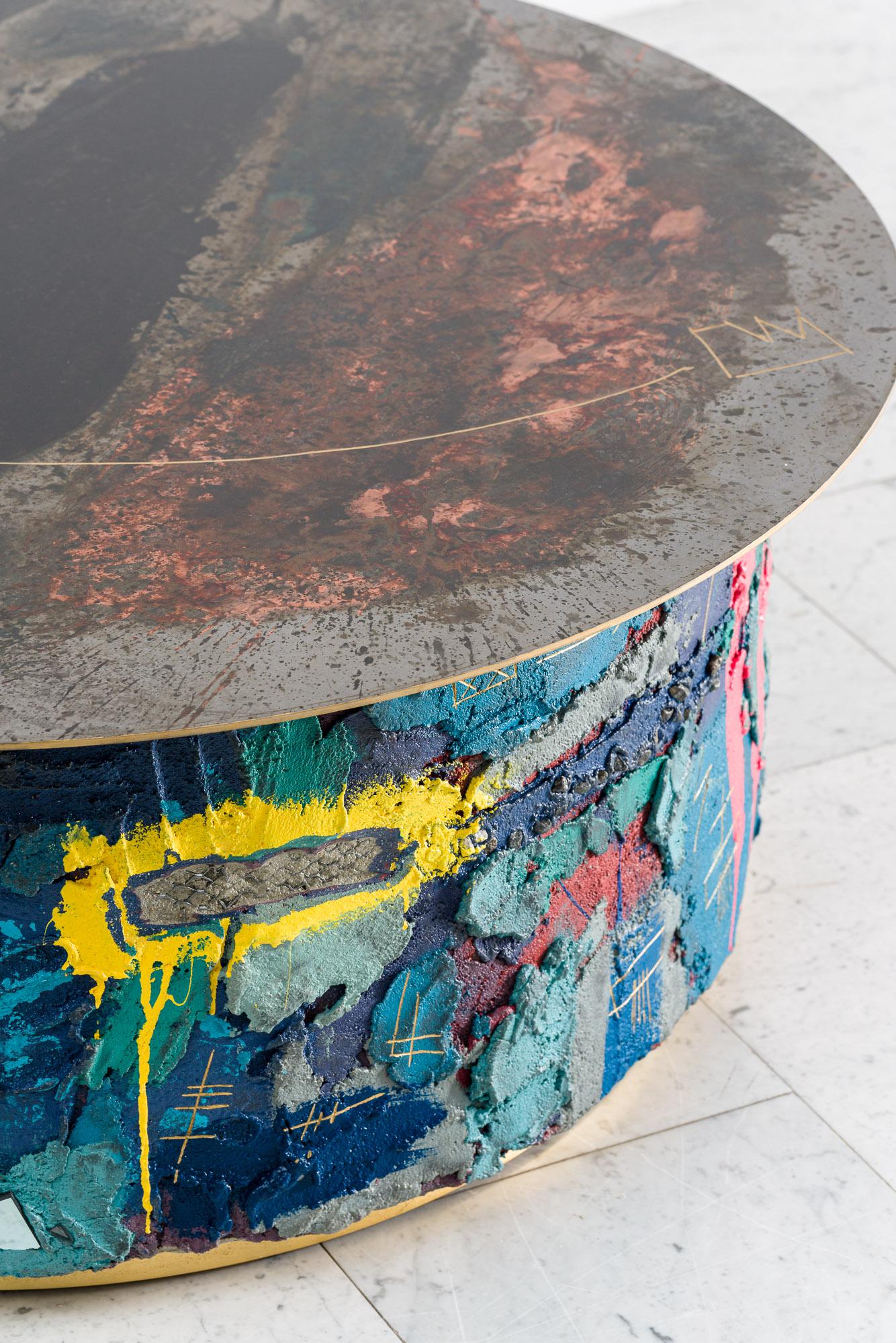 The table tops of Rurak’s Action Series Low Tables feature his unique plates of individually hand-patinated steel. The smooth surface of the steel is populated with splashes and stains, finished with oil and buffed wax and then gilded along the