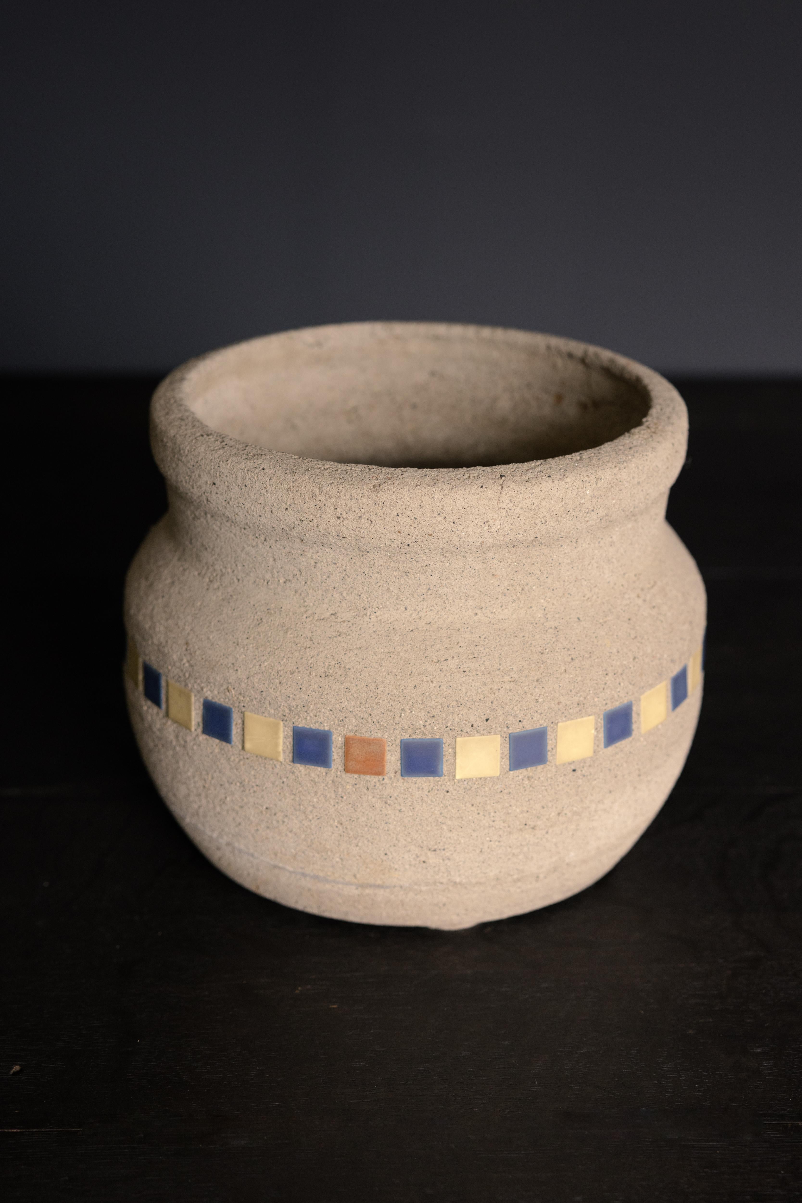 Concrete and Tiled Mosaic Planter by Hillside Pottery Company, c. 1920's, USA
Concrete with Tiled Mosaic Band in Cream and Blue with Tan

H 9.75