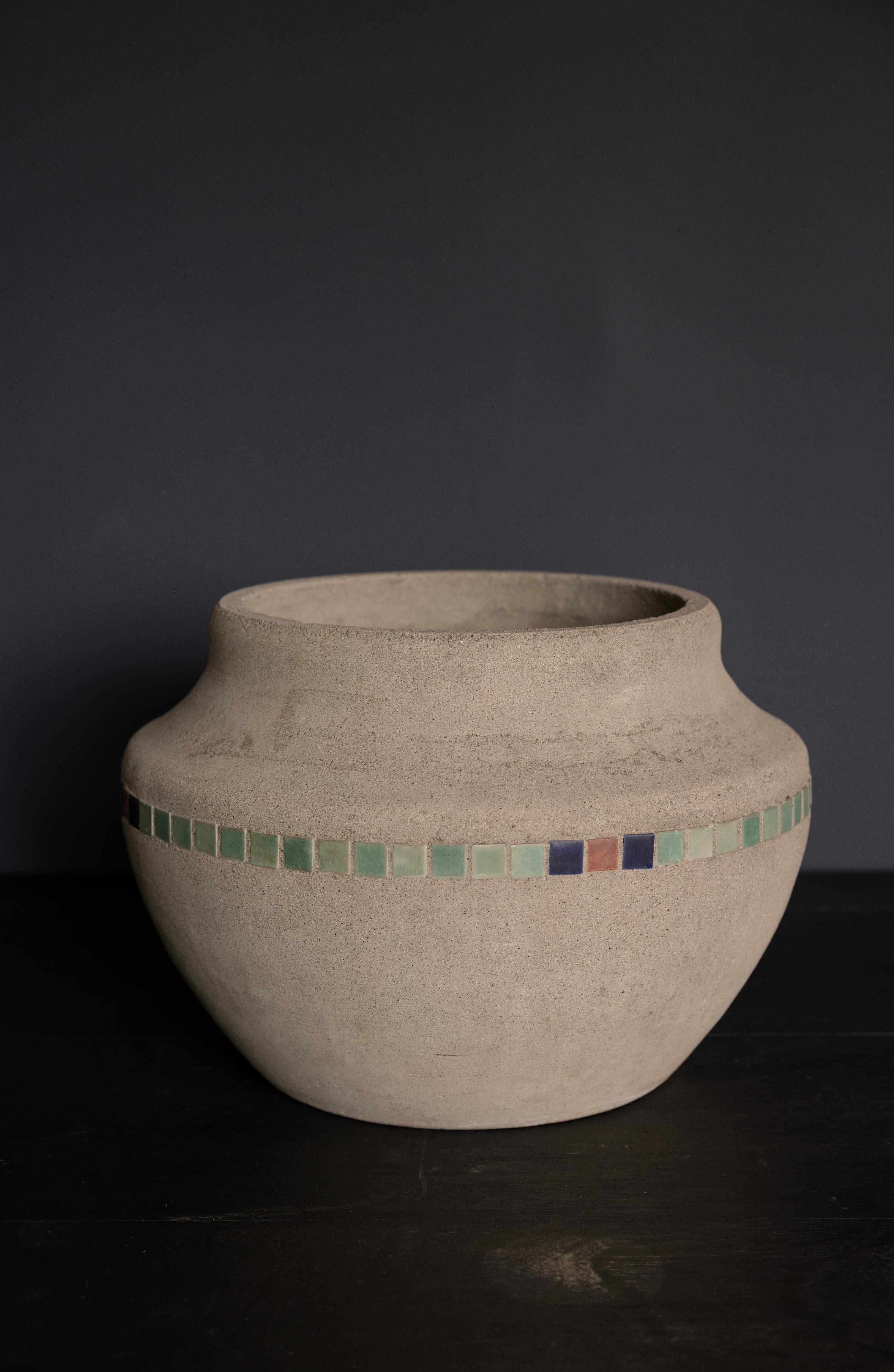 Concrete and Tiled Mosaic Planter by Hillside Pottery Company, c. 1920's, USA
Gray Concrete with Tiled Mosaic Band in Green with Blue and Pink

H 12.5