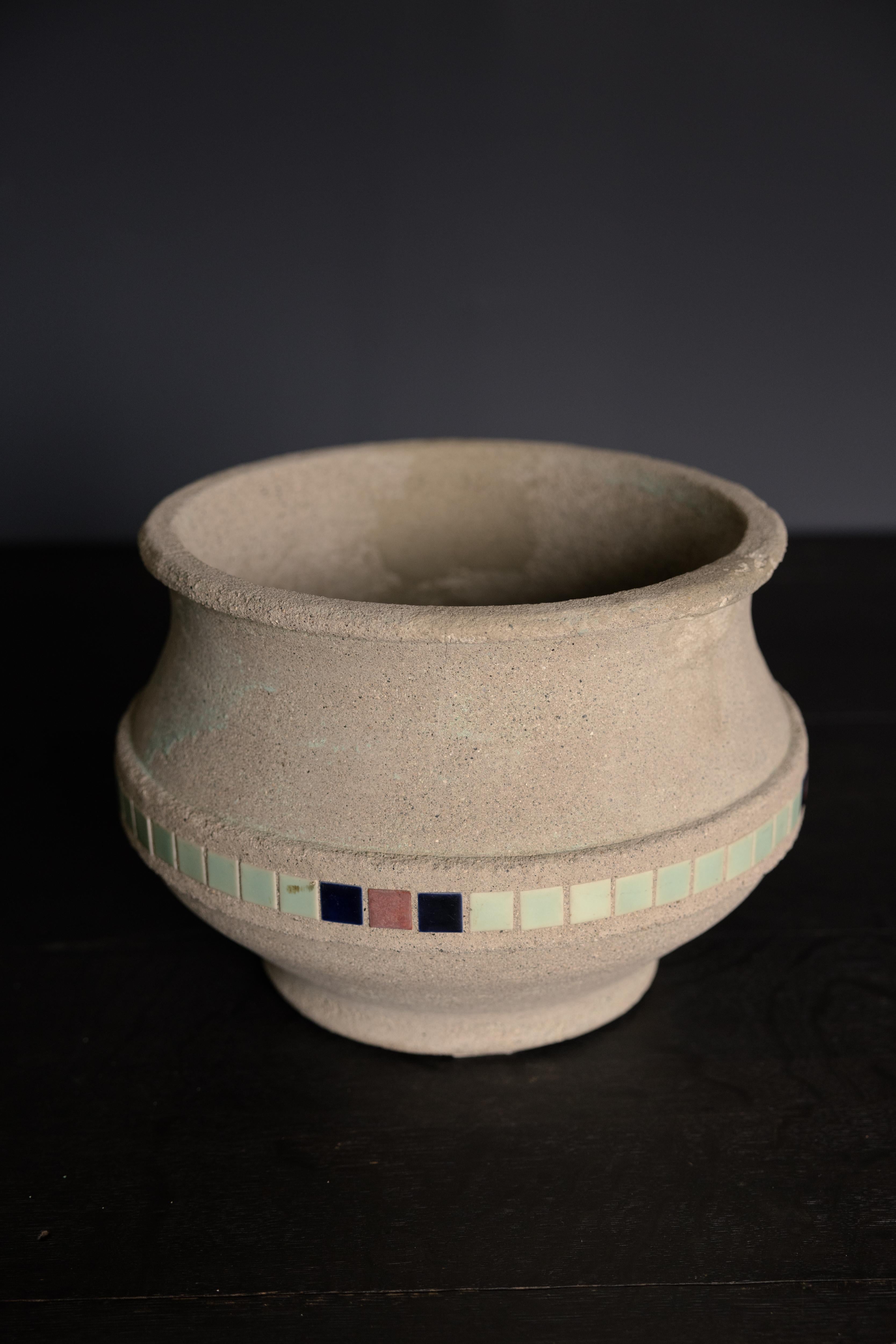 Concrete and Tiled Mosaic Planter by Hillside Pottery Company, c. 1920's, USA
Gray Concrete with Tiled Mosaic Band in Green with Blue and Pink

H 10