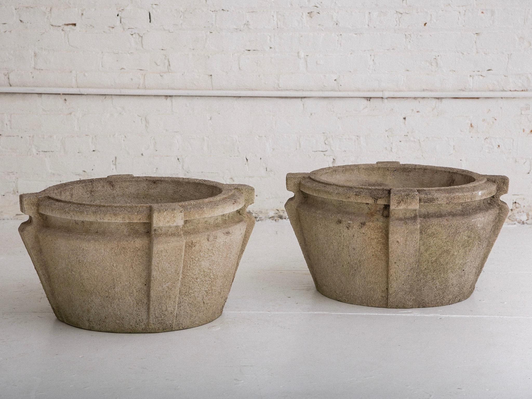 Art Deco Concrete Cast Stone Arts & Crafts Style Planters, a Pair