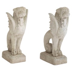 Retro Concrete Cast Stone Mythical Creature Gargoyle Garden Statue, a Pair