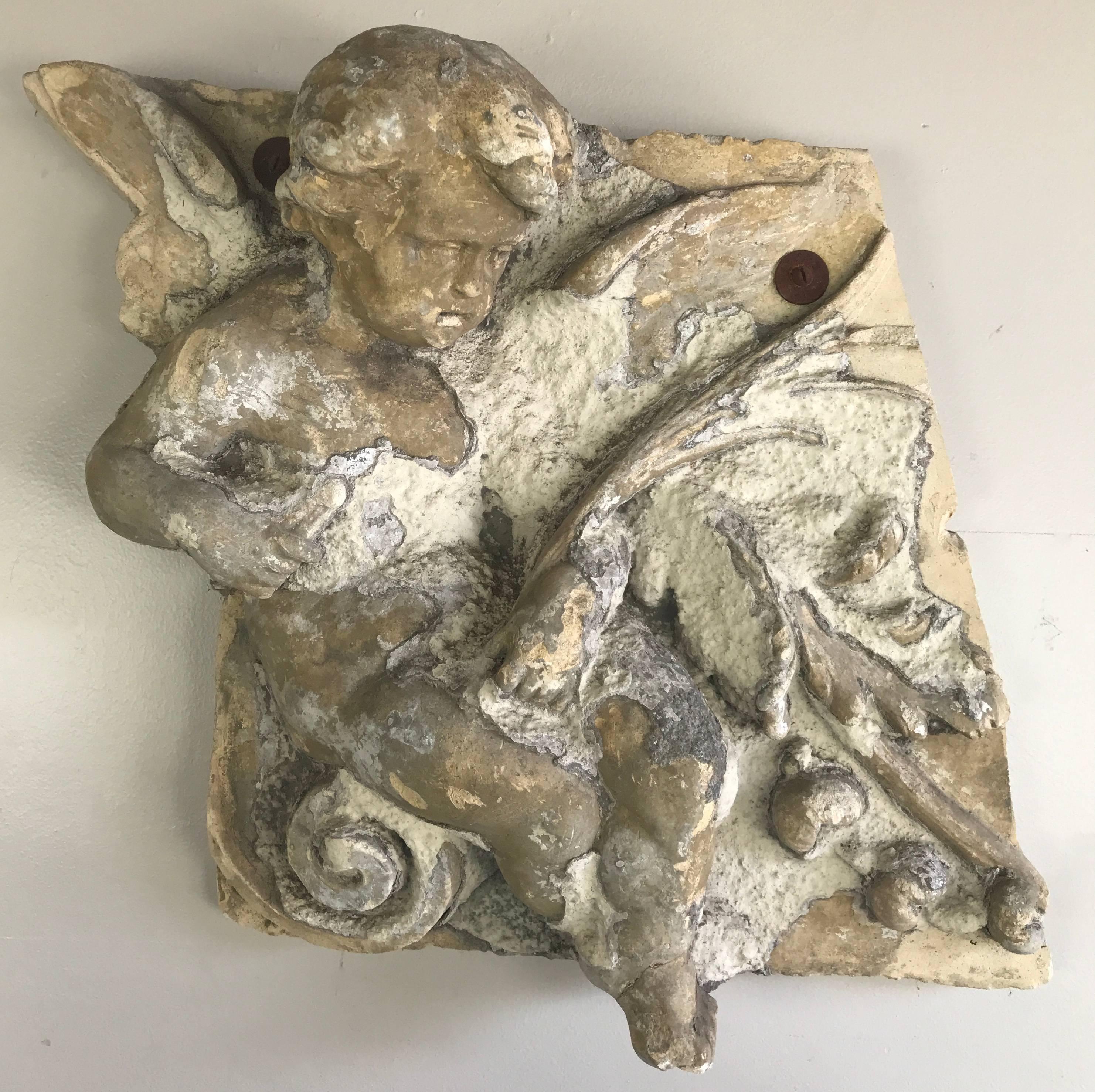 Mid-20th Century Concrete Cherub Carved Wall Hanging C. 1930's