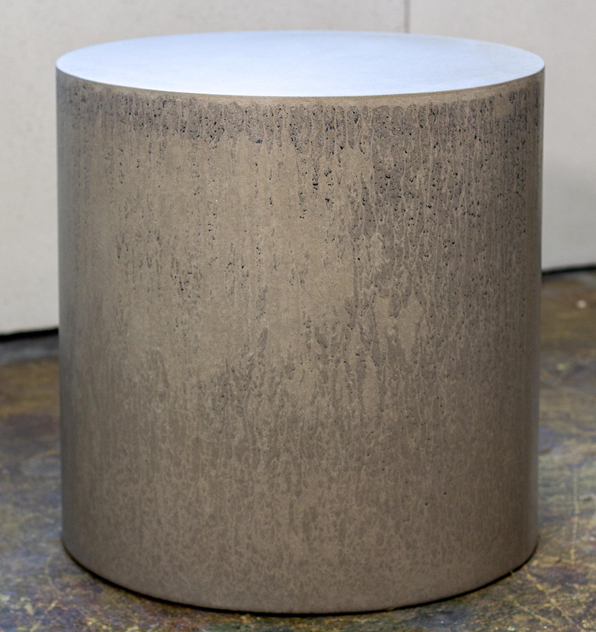 Flowing shades of grey with pops of black is the theme. Drippy grays organically flowing give character and depth to this silky smooth concrete cylinder. Hand crafted with the finest raw materials to last generations. Topped of with our ultra high