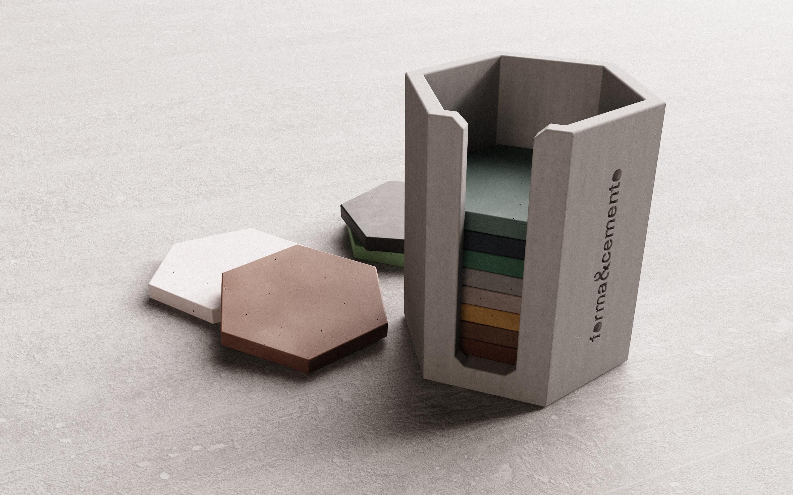 A selection of our standard color finishes plus the Fusto collection color finishes.
Our cement tiles, Esagono model, are obtained from the mixture of water, white or gray cement, hard mineral powders and natural pigments. The mixture is worked in