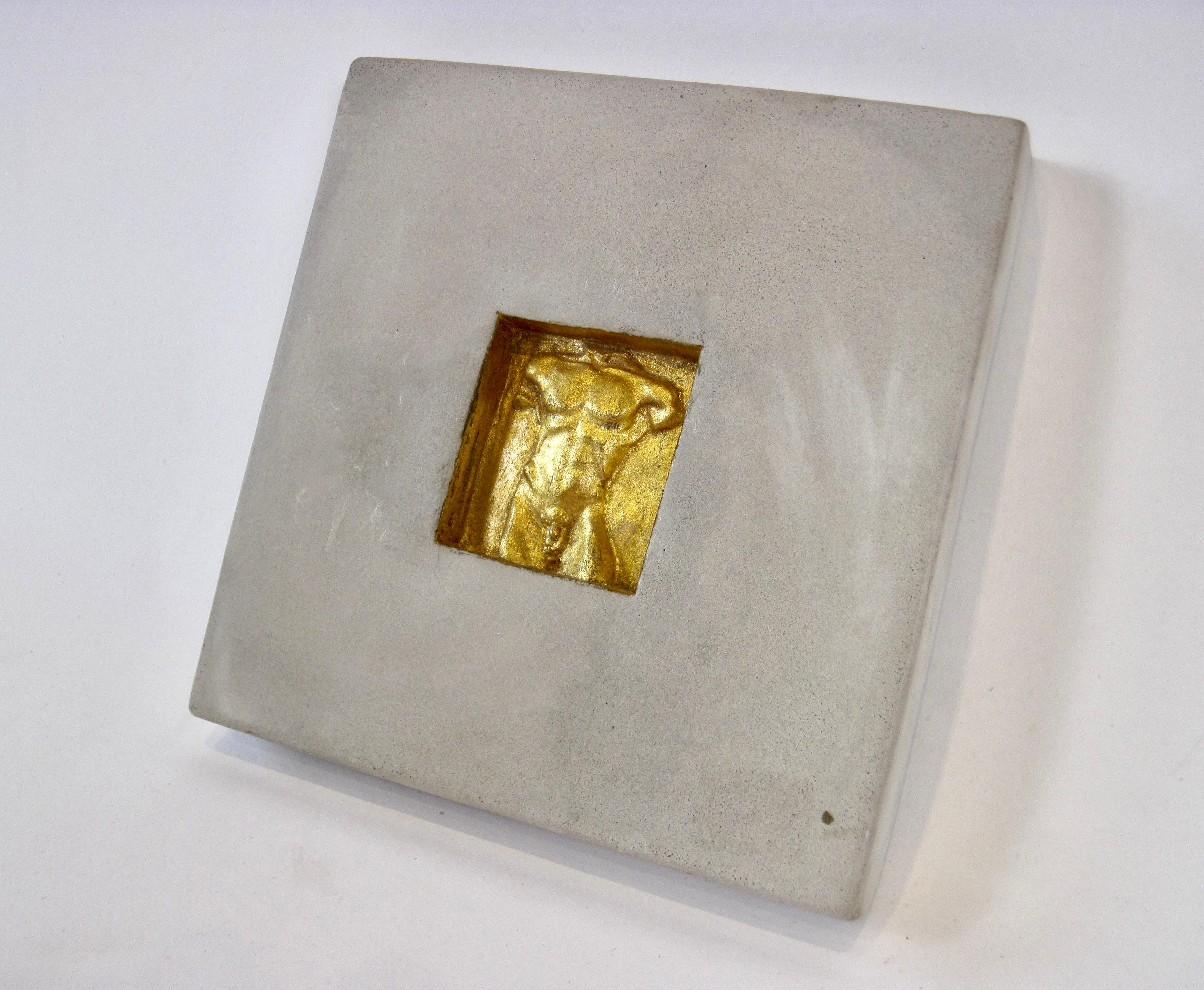 Minimalist Concrete & Gold Gilt Relief Torso Tile, Hand Signed