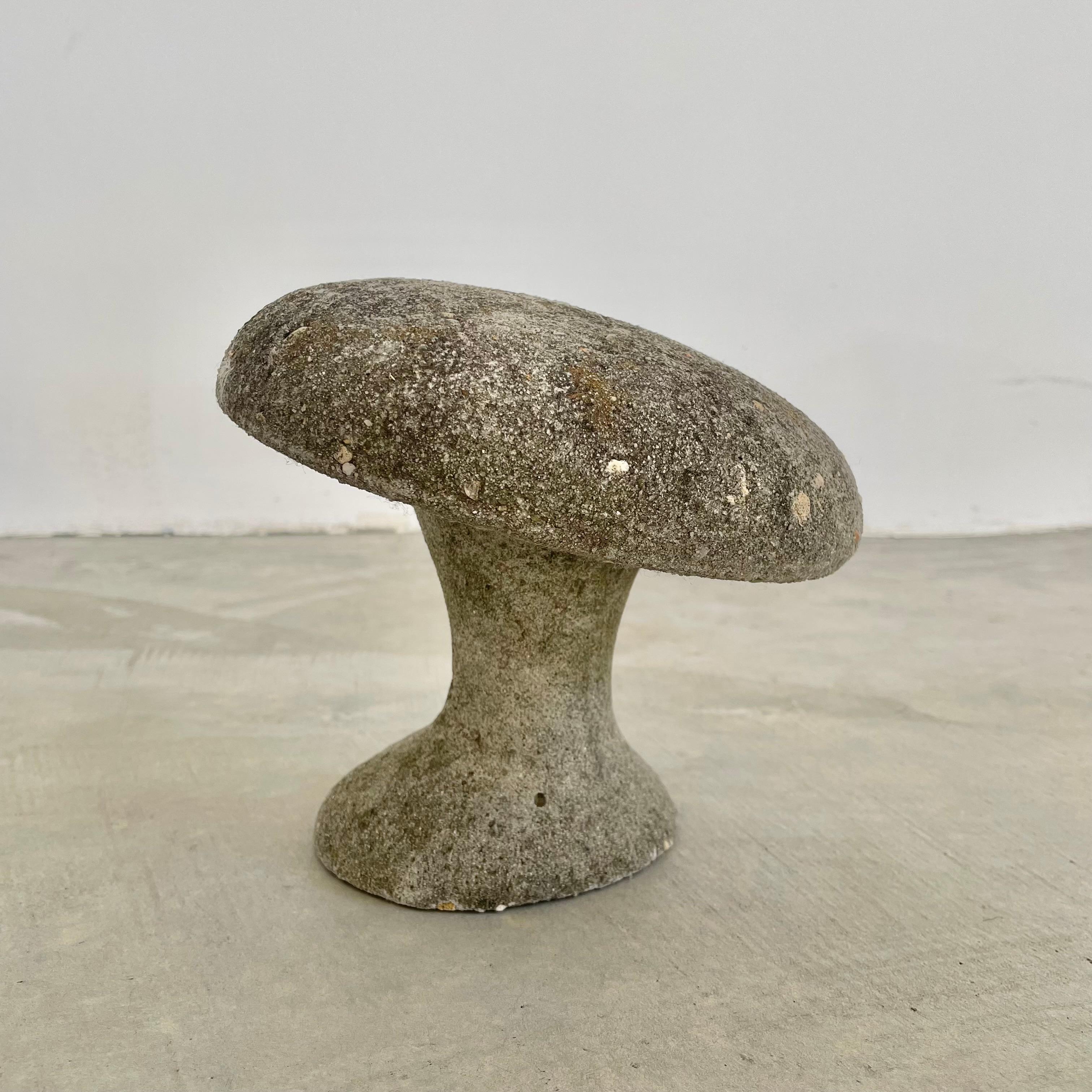 Petite concrete mushroom from the 1980s. Fantastic patina from years of outdoor use. Great design with a curved stem and an angled mushroom canopy. Mixture of small stone and larger stone in the concrete giving it nice texture and detail. Good