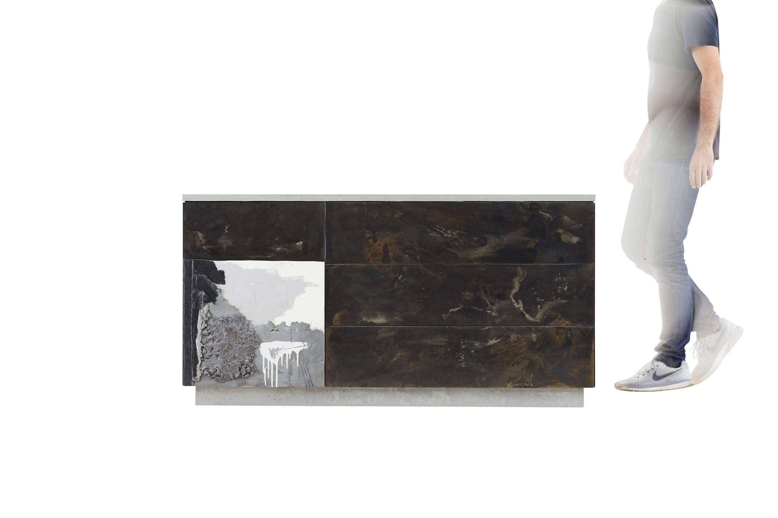 C-3 integrates three elemental materials, concrete, steel and wood. Stefan Rurak applies his unique concrete art treatment to the door. (Please note each piece will vary with unique drawings and the image is only an example) The counter-top as well