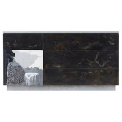 Beton, Patinierter Stahl, Holz „C-3“ Minimale Anrichte mit Behandlung des Künstlers